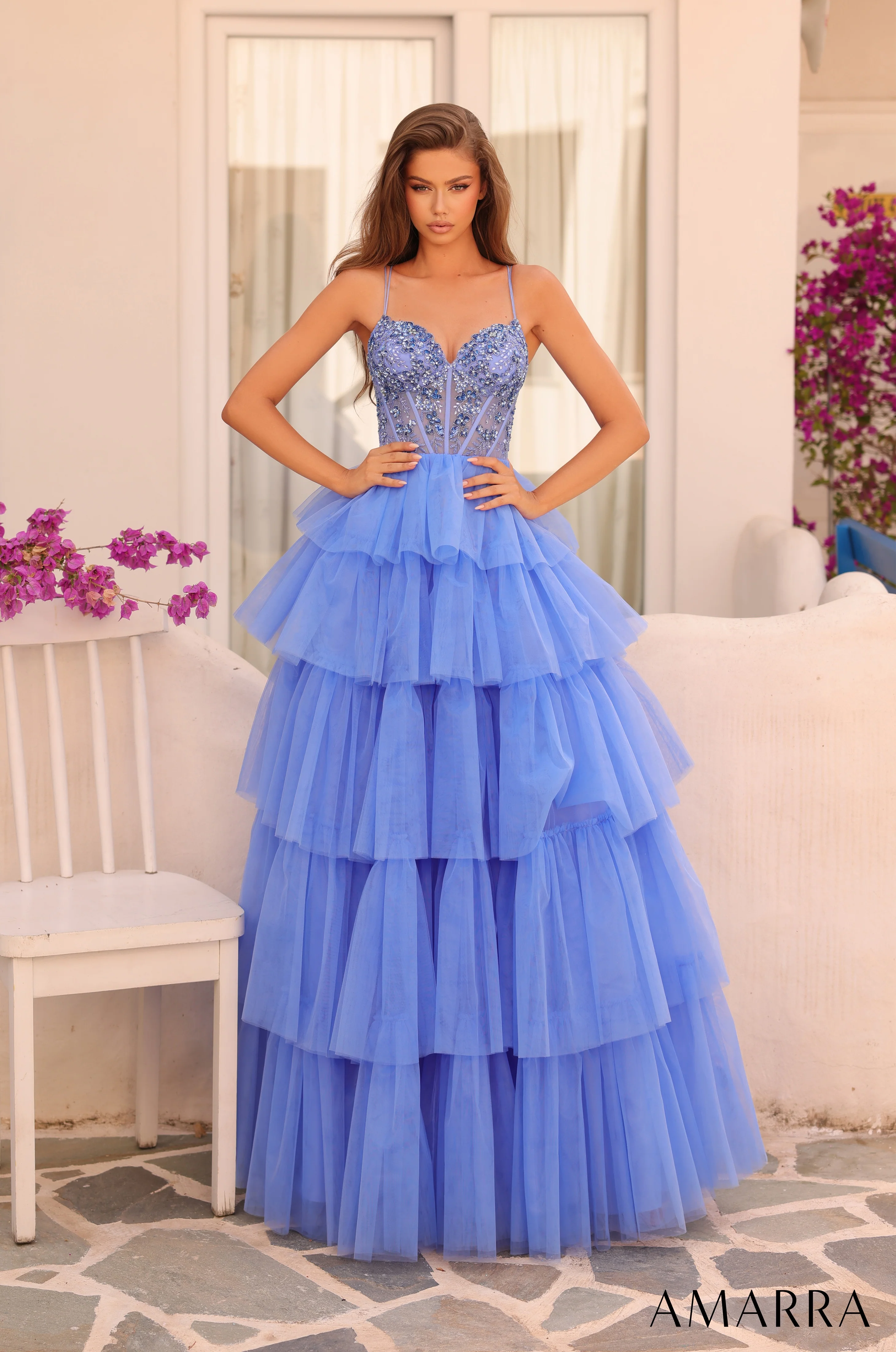 Amarra 88345 Size 2 Light Blue Layer Ballgown Prom Dress Sheer Beaded Corset Pageant Gown Formal Sequin - Image 2