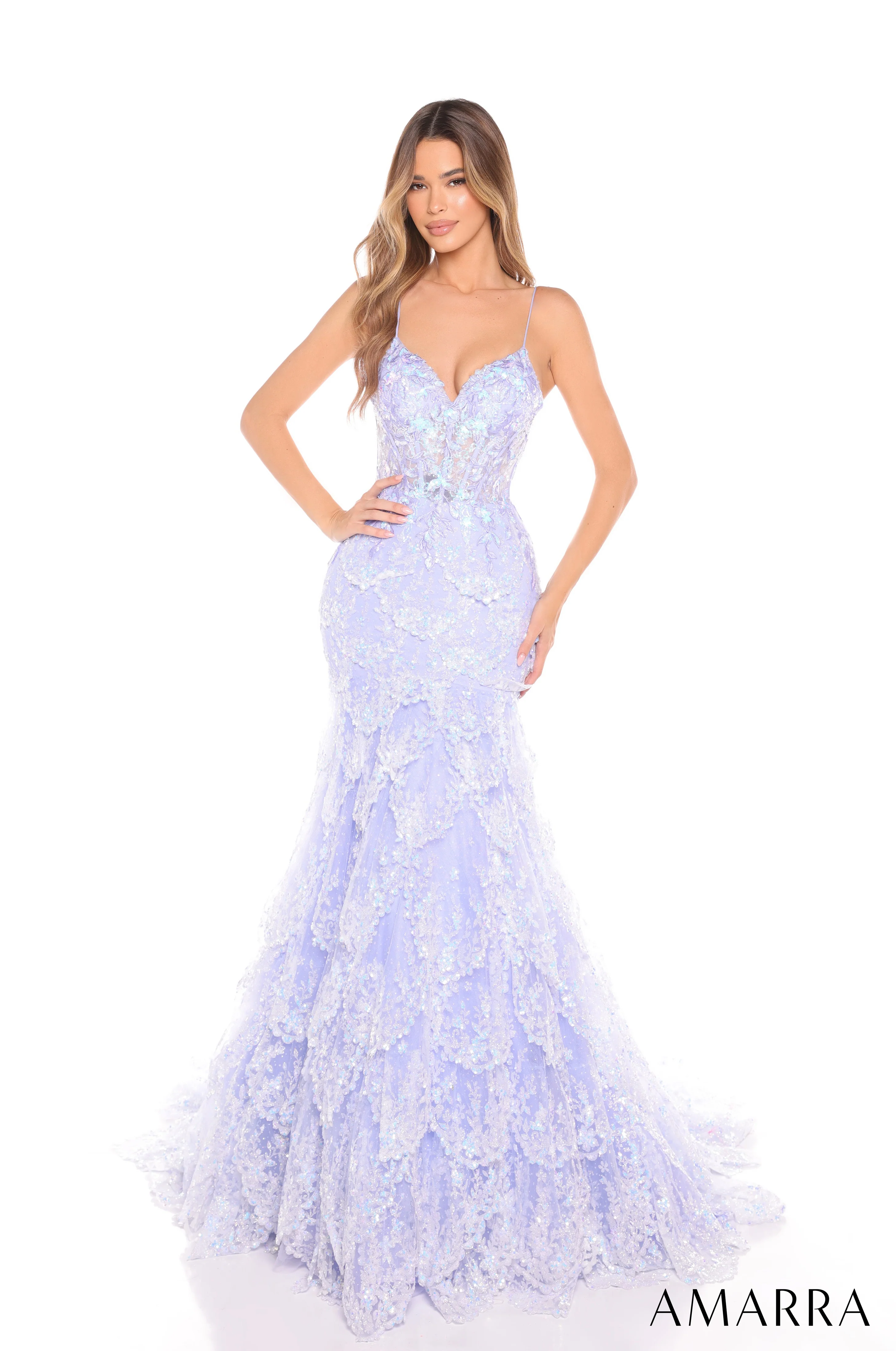 Amarra 88378 Size 10 Periwinkle Sheer Corset Sequin Lace Mermaid Prom Dress Pageant Gown Layered Skirt