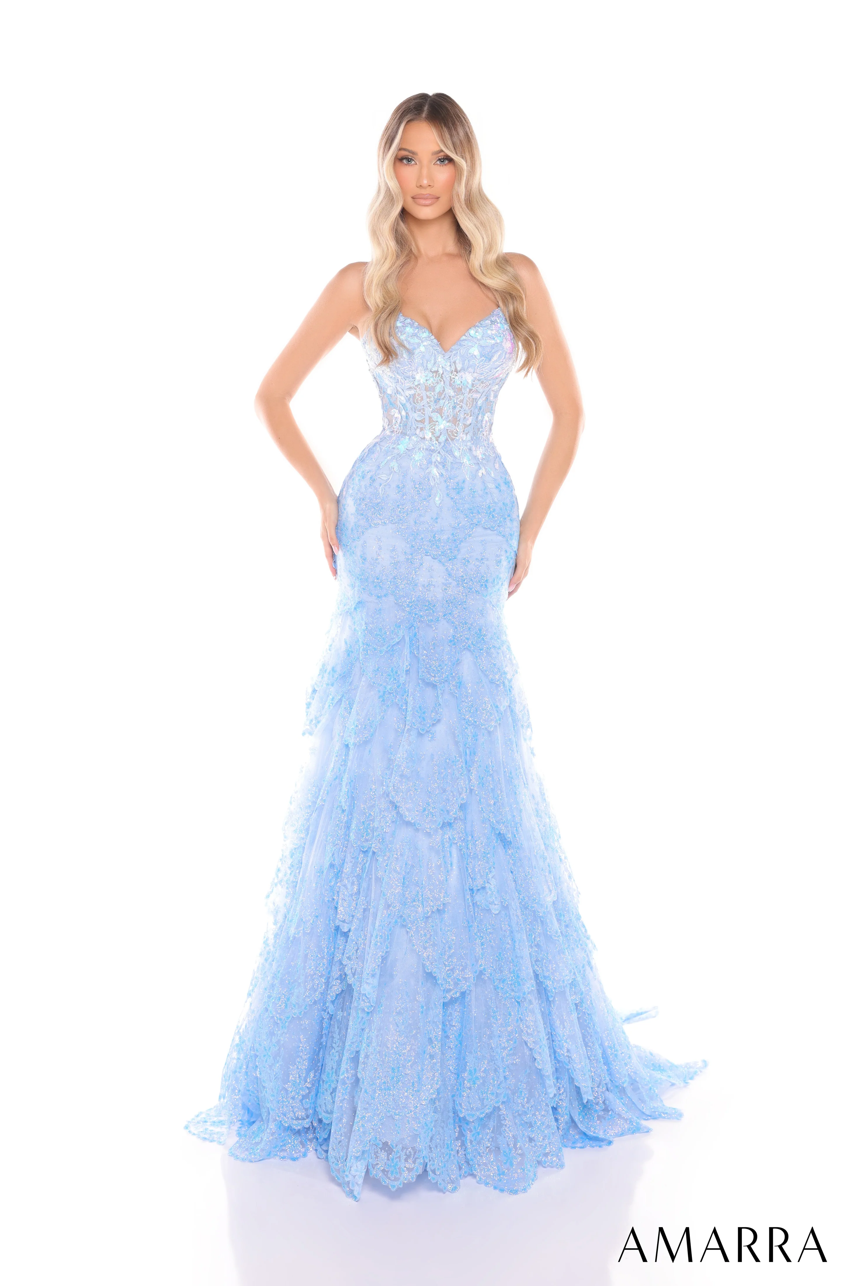 Amarra 88378 Size 10 Periwinkle Sheer Corset Sequin Lace Mermaid Prom Dress Pageant Gown Layered Skirt - Image 2