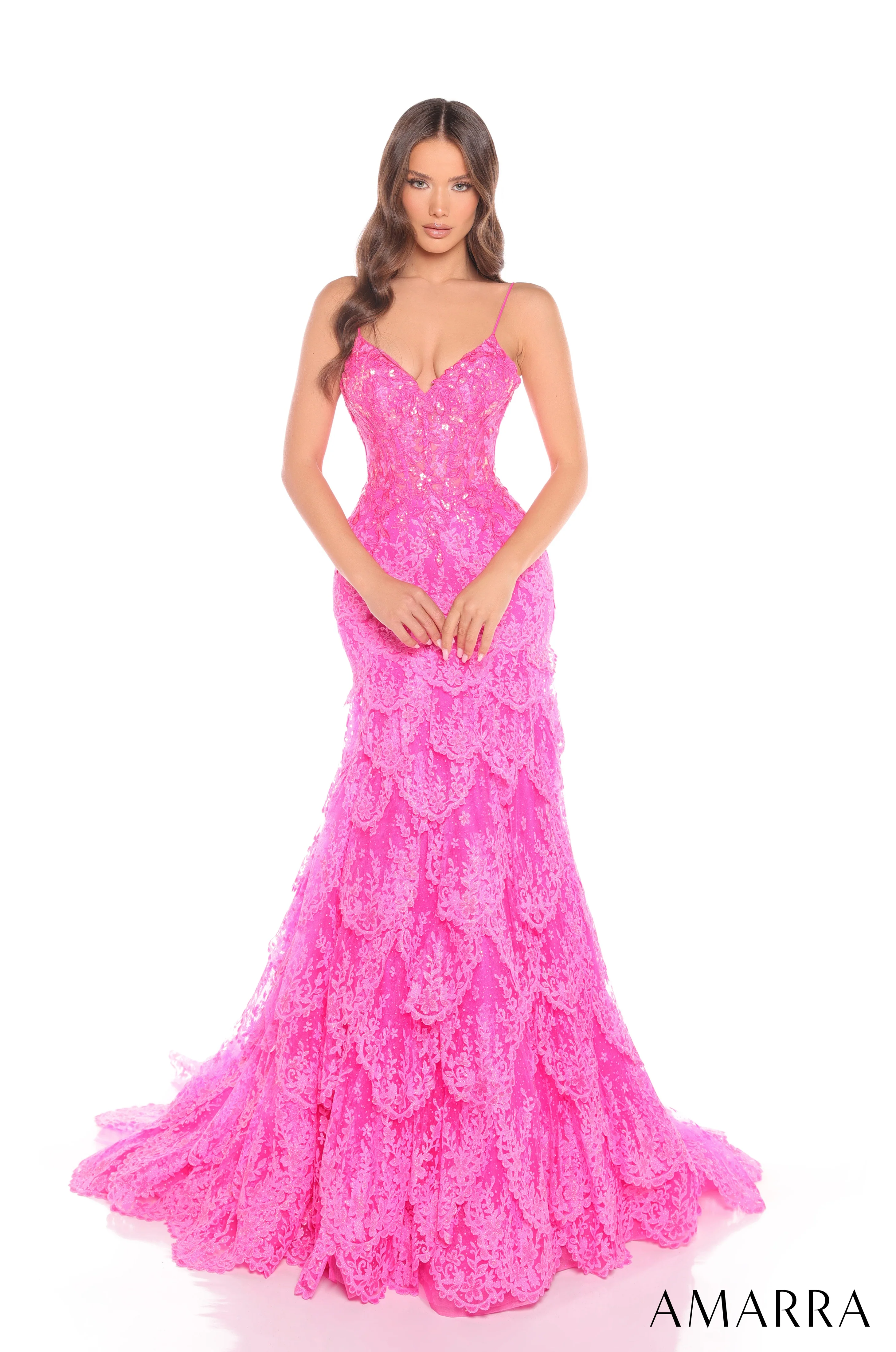 Amarra 88378 Size 10 Periwinkle Sheer Corset Sequin Lace Mermaid Prom Dress Pageant Gown Layered Skirt - Image 4