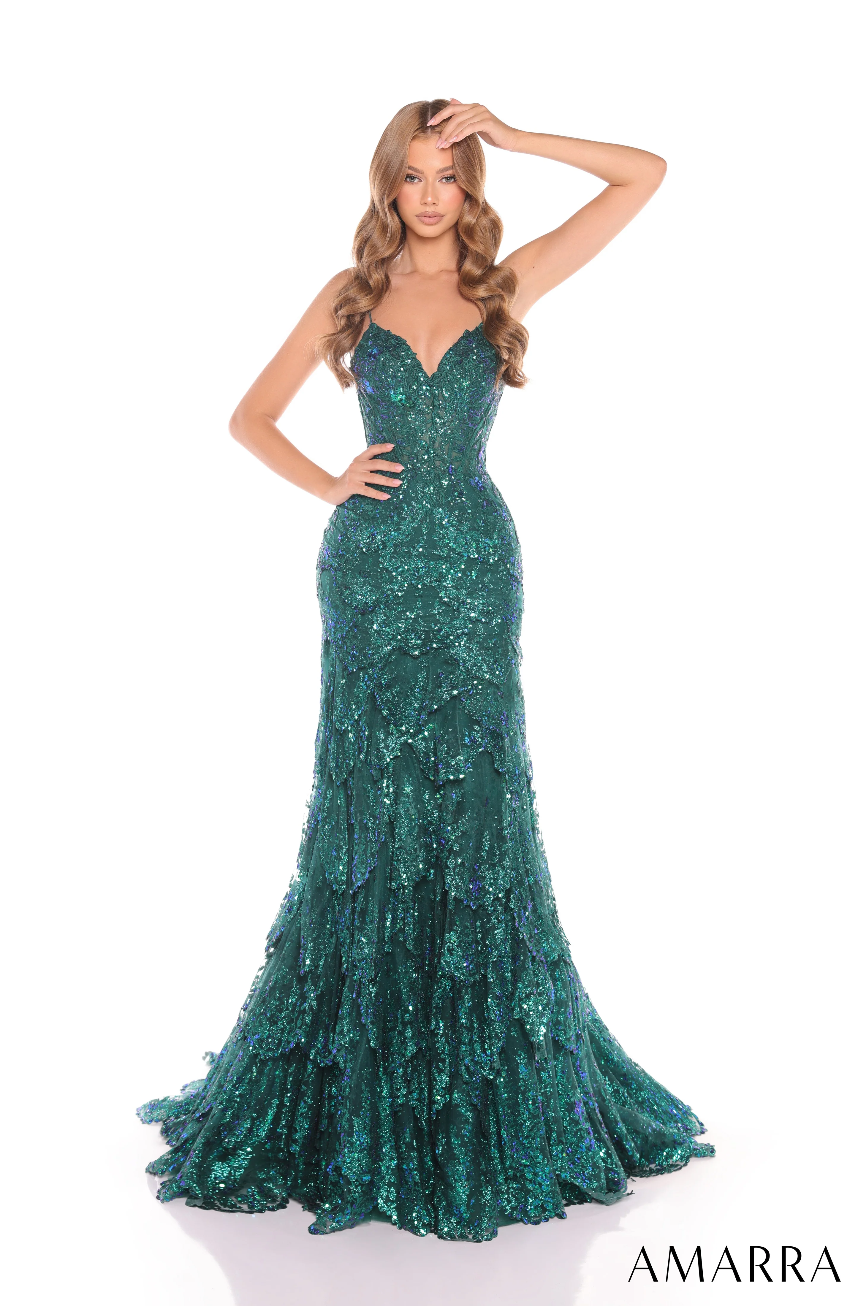 Amarra 88378 Size 10 Periwinkle Sheer Corset Sequin Lace Mermaid Prom Dress Pageant Gown Layered Skirt - Image 5