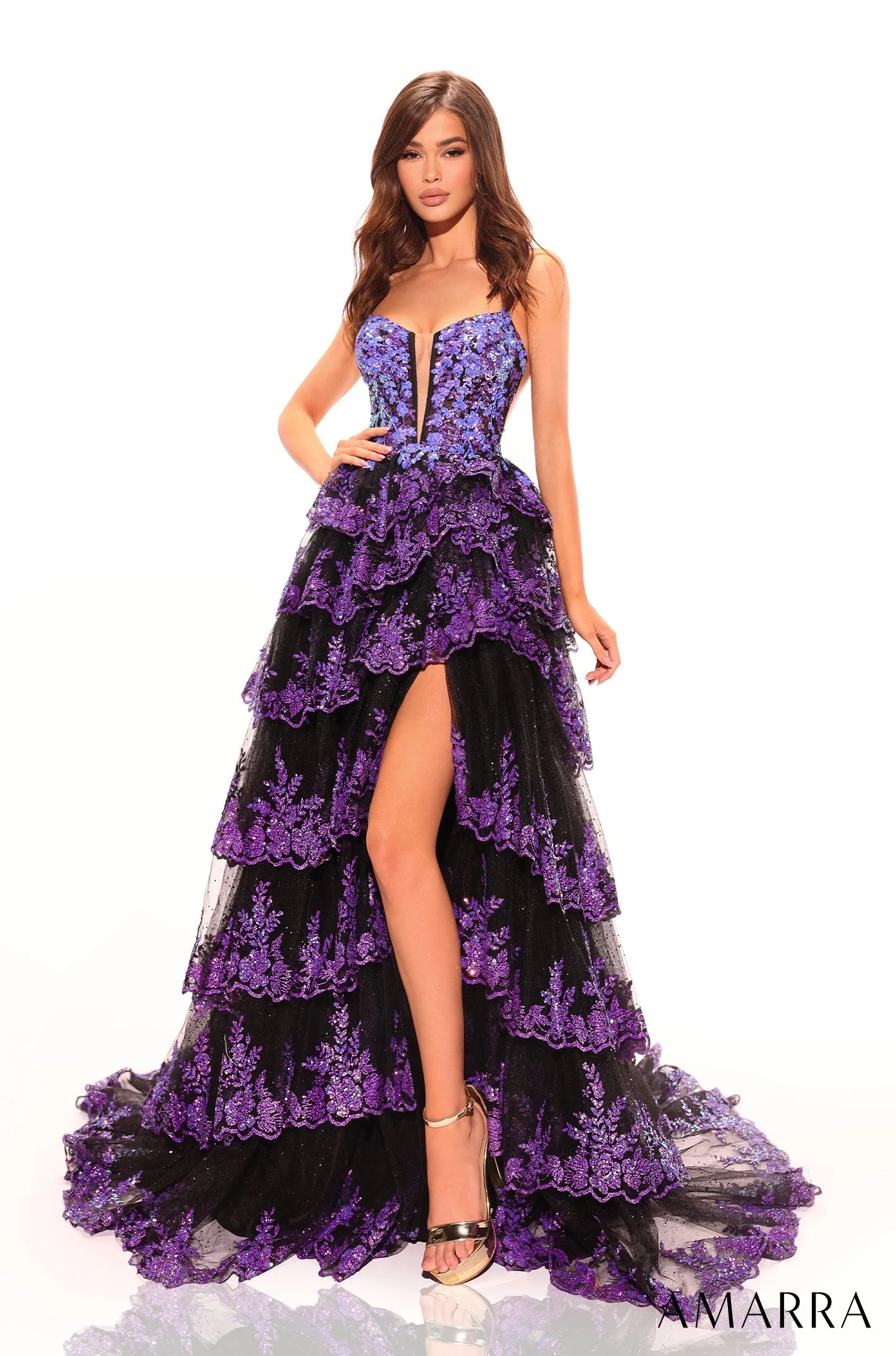 Amarra 88745 Size 4, 14 Light Blue Sequin Prom Dress A Line Layer Maxi Slit Sheer Corset - Image 6