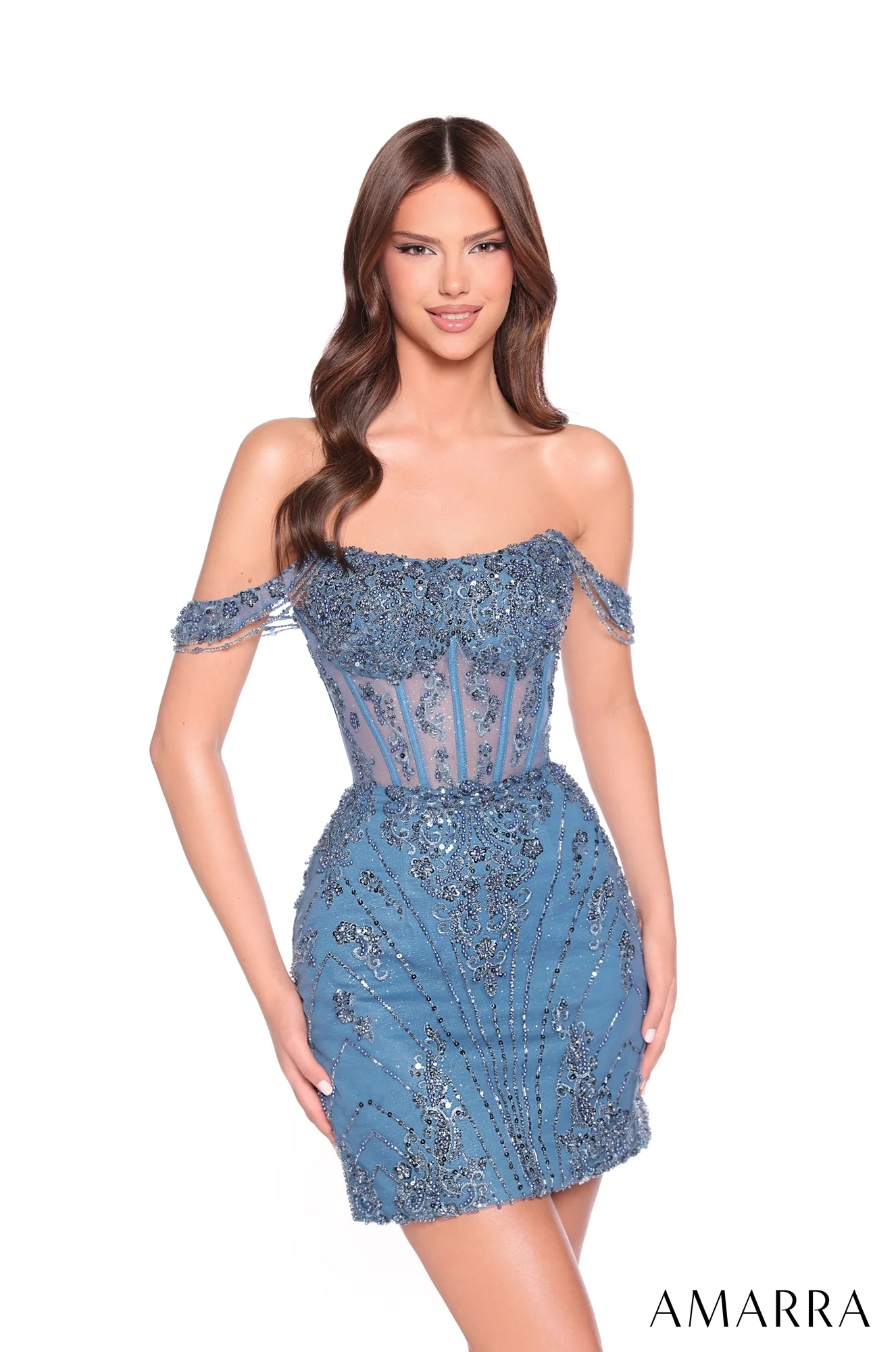 Amarra 88900 Sheer corset mini homecoming dress short off shoulder straps shimmering beadwork - Image 4