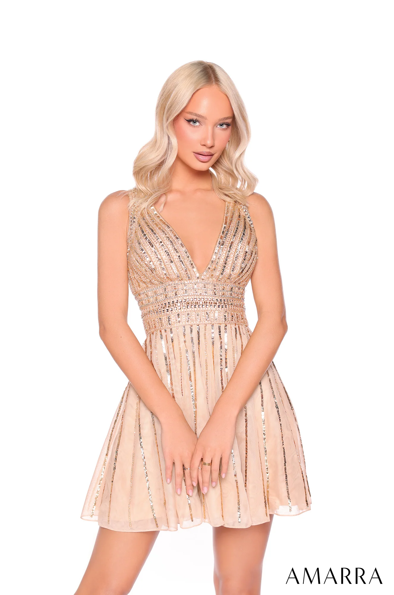 Amarra 88920 Sparkle in this short sequin homecoming party dress v neck flattering fit and flirty A-line skirt - Image 3