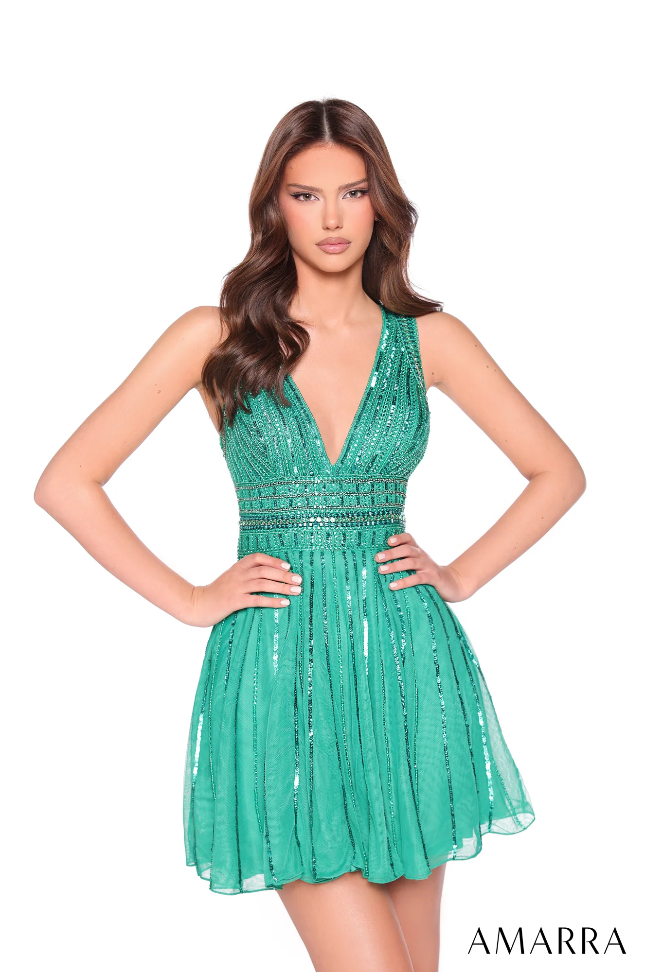 Amarra 88920 Sparkle in this short sequin homecoming party dress v neck flattering fit and flirty A-line skirt - Image 4