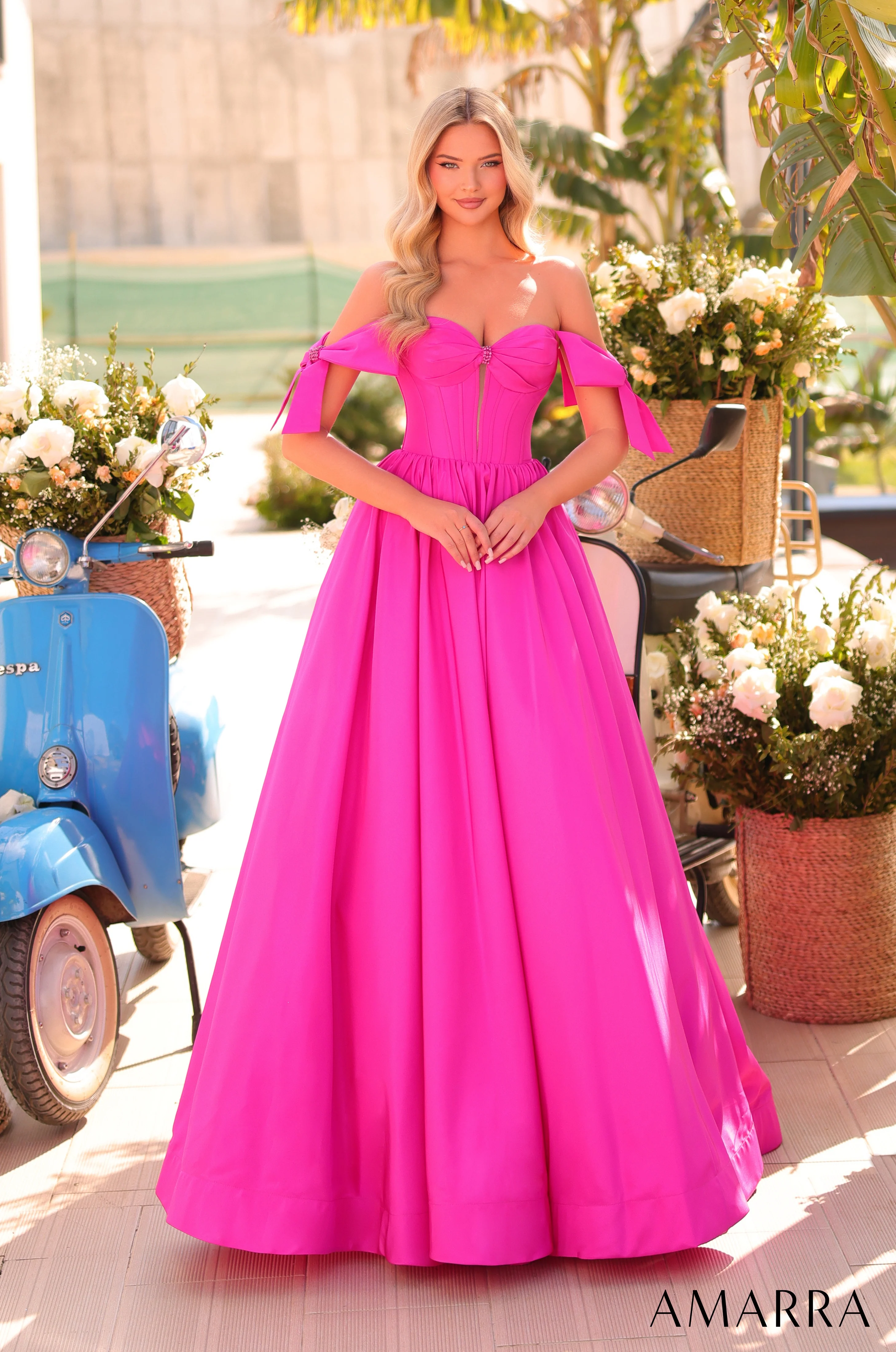 Amarra 88995 Long A Line Prom Dress off the shoulder bows corset Plunging Neckline Gown