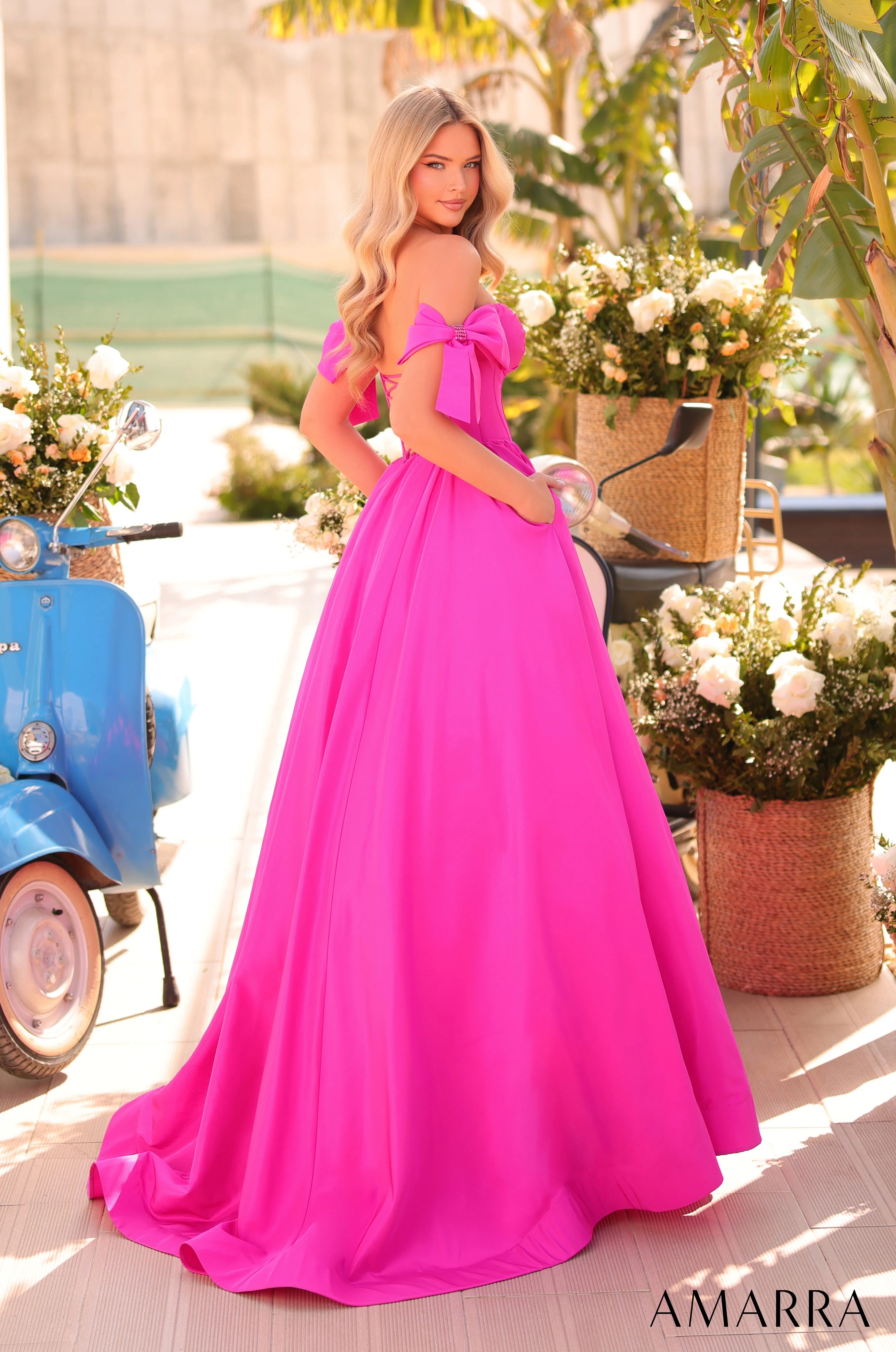 Amarra 88995 Long A Line Prom Dress off the shoulder bows corset Plunging Neckline Gown - Image 5