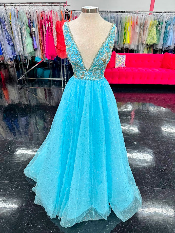 Amarra 94052 Size 8 Light Blue Beaded V Neck A Line Maxi Slit Sequin Prom Dress Pageant Gown Train Tulle