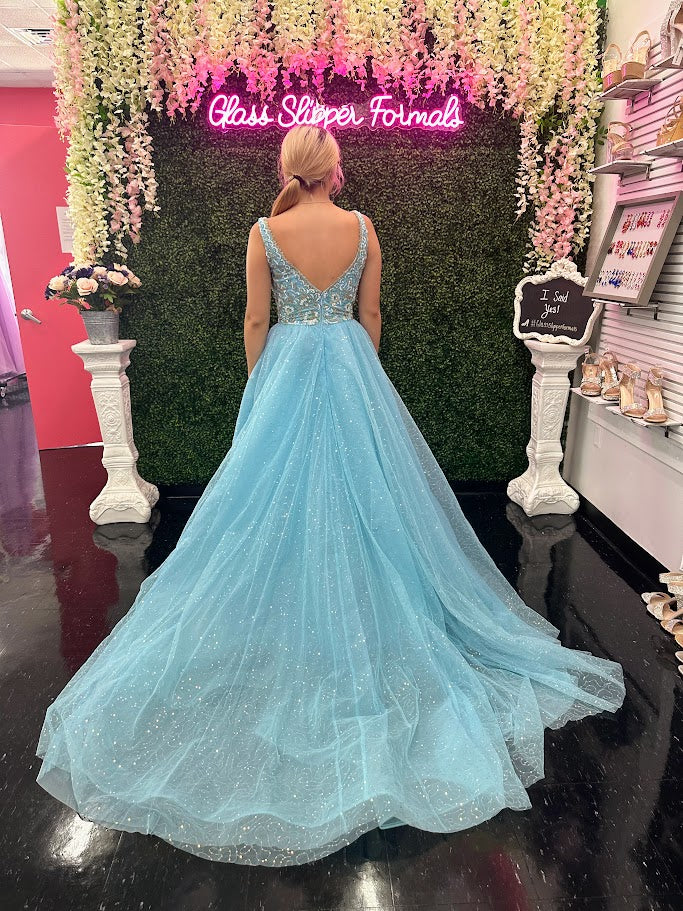 Amarra 94052 Size 8 Light Blue Beaded V Neck A Line Maxi Slit Sequin Prom Dress Pageant Gown Train Tulle - Image 3