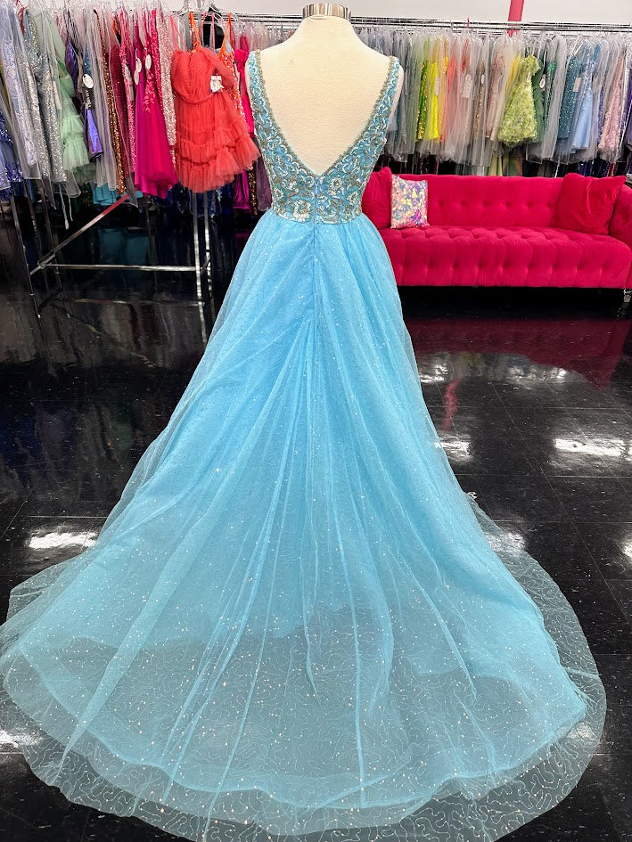 Amarra 94052 Size 8 Light Blue Beaded V Neck A Line Maxi Slit Sequin Prom Dress Pageant Gown Train Tulle - Image 7