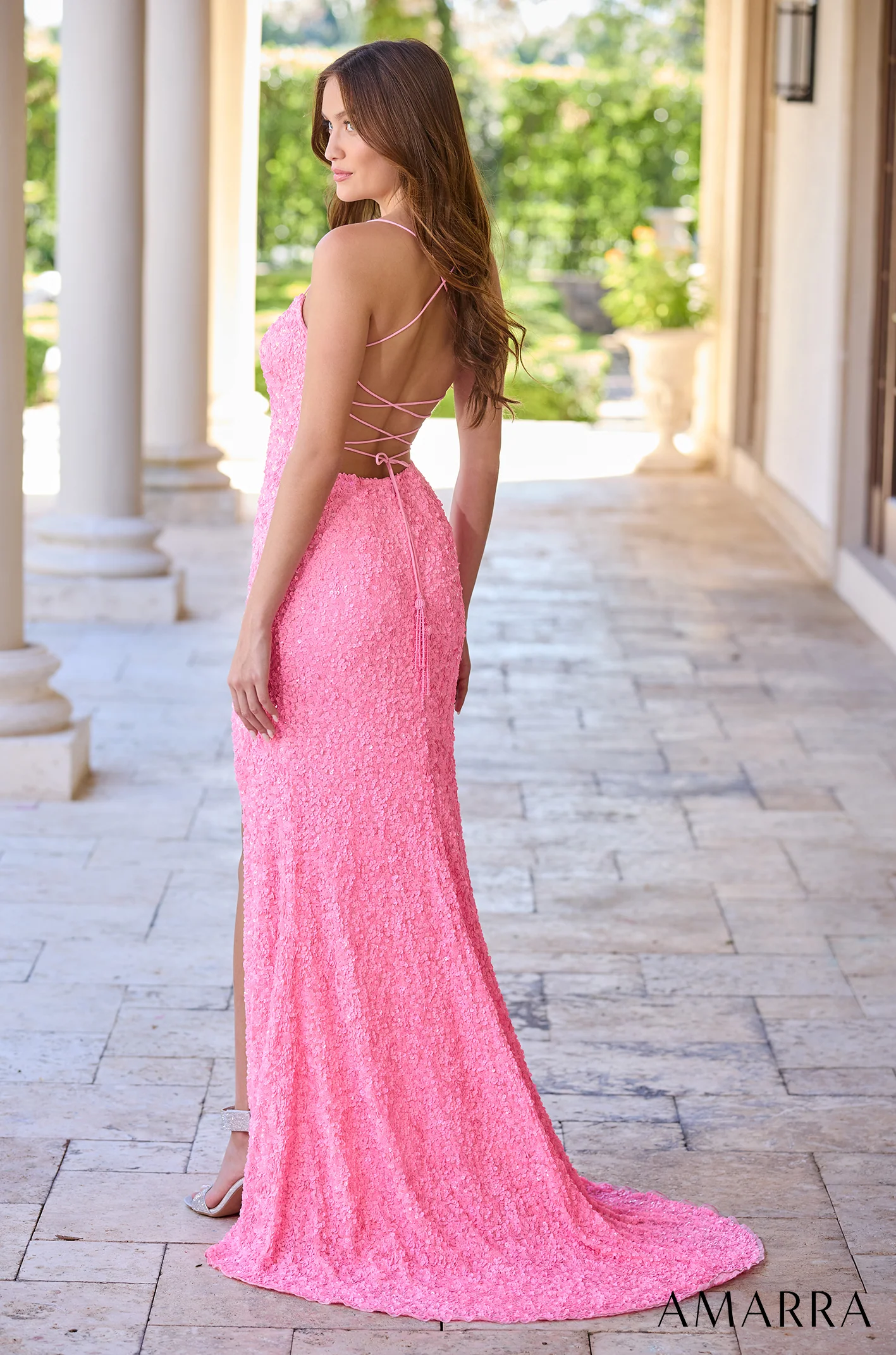 Amarra 94282 Long Fitted Sequin Backless Corset Slit Prom Dress Scoop Neck Formal Pageant Gown - Image 6