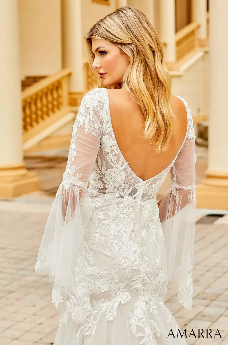 Amarra Bridal 84386 Anna Wedding Dress Mermaid V-Neck Sheer Floral Long Sleeve Train Bridal Dress - Image 3