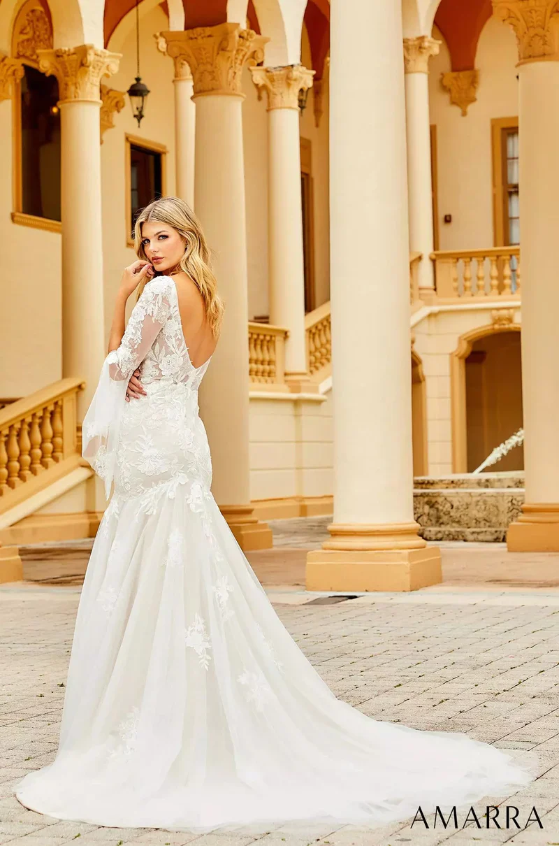 Amarra Bridal 84386 Anna Wedding Dress Mermaid V-Neck Sheer Floral Long Sleeve Train Bridal Dress - Image 4
