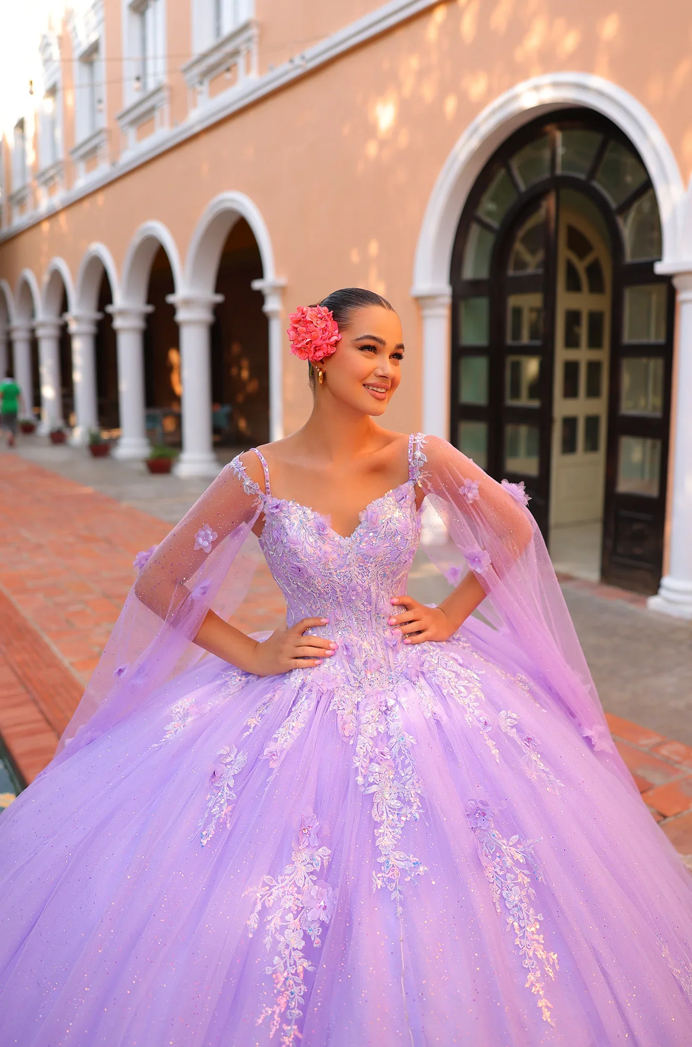 Amarra Quinceanera 54306 Beaded Lace Party Birthday Dress Cape off the Shoulder Ball Gown - Image 3