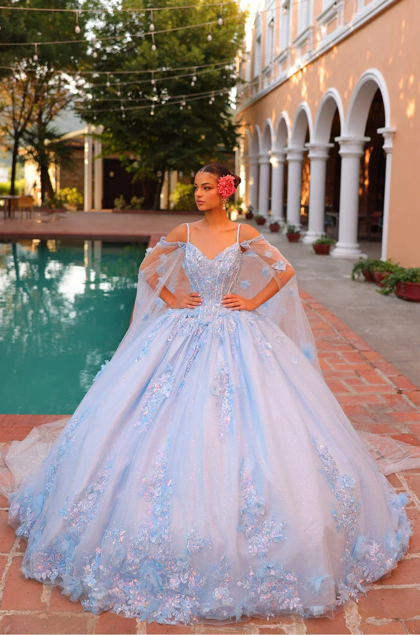 Amarra Quinceanera 54306 Beaded Lace Party Birthday Dress Cape off the Shoulder Ball Gown - Image 4
