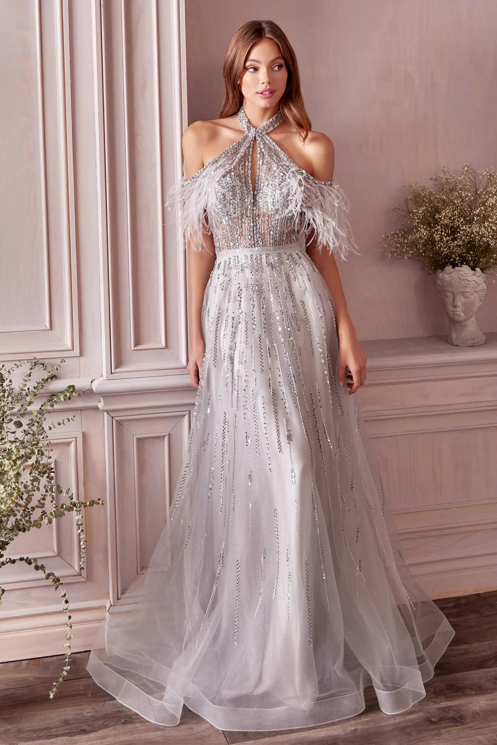 Andrea & Leo Couture A1023 ANASTASIA Evening Gown Size 8 Silver A Line Sheer Feather Beaded off Shoulder
