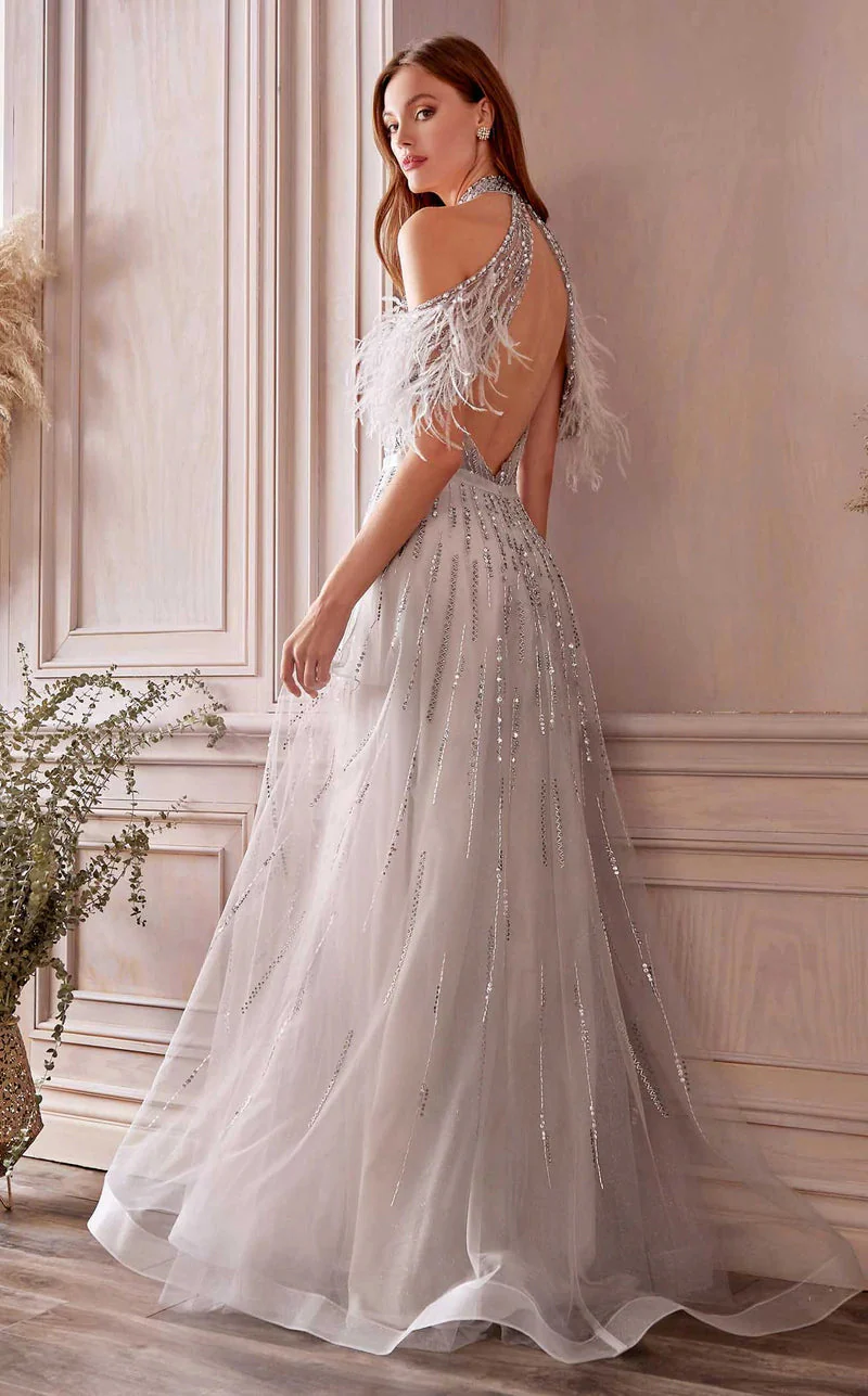 Andrea & Leo ANASTASIA A1023 Evening Gown Size 6 Rose Gold A Line Sheer Feather Beaded off Shoulder - Image 4