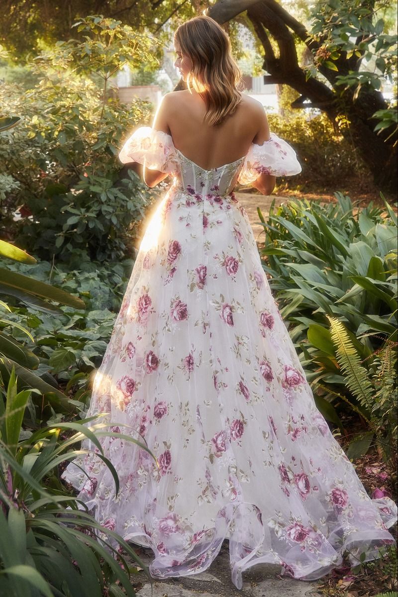 Andrea & Leo Couture A1133 Floral Print A Line Prom Dress Puff Sleeve Sheer Corset Formal Gown - Image 3