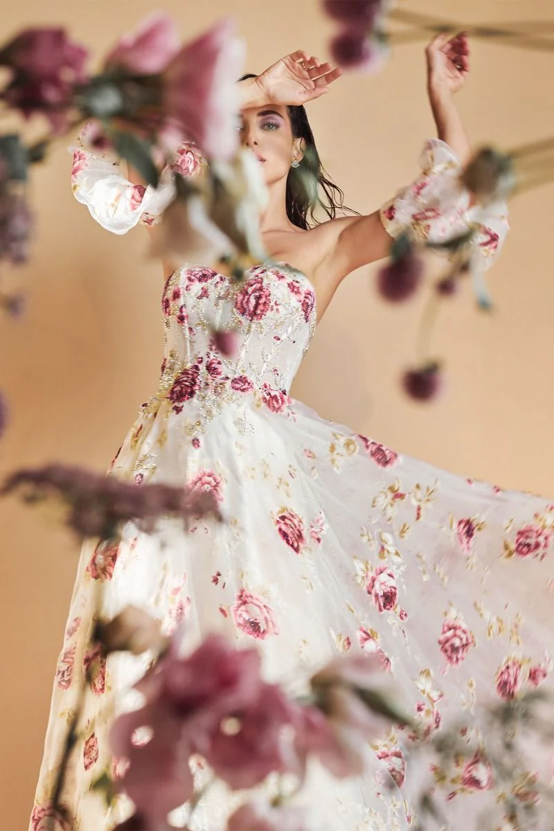 Andrea & Leo Couture A1133 Floral Print A Line Prom Dress Puff Sleeve Sheer Corset Formal Gown - Image 4