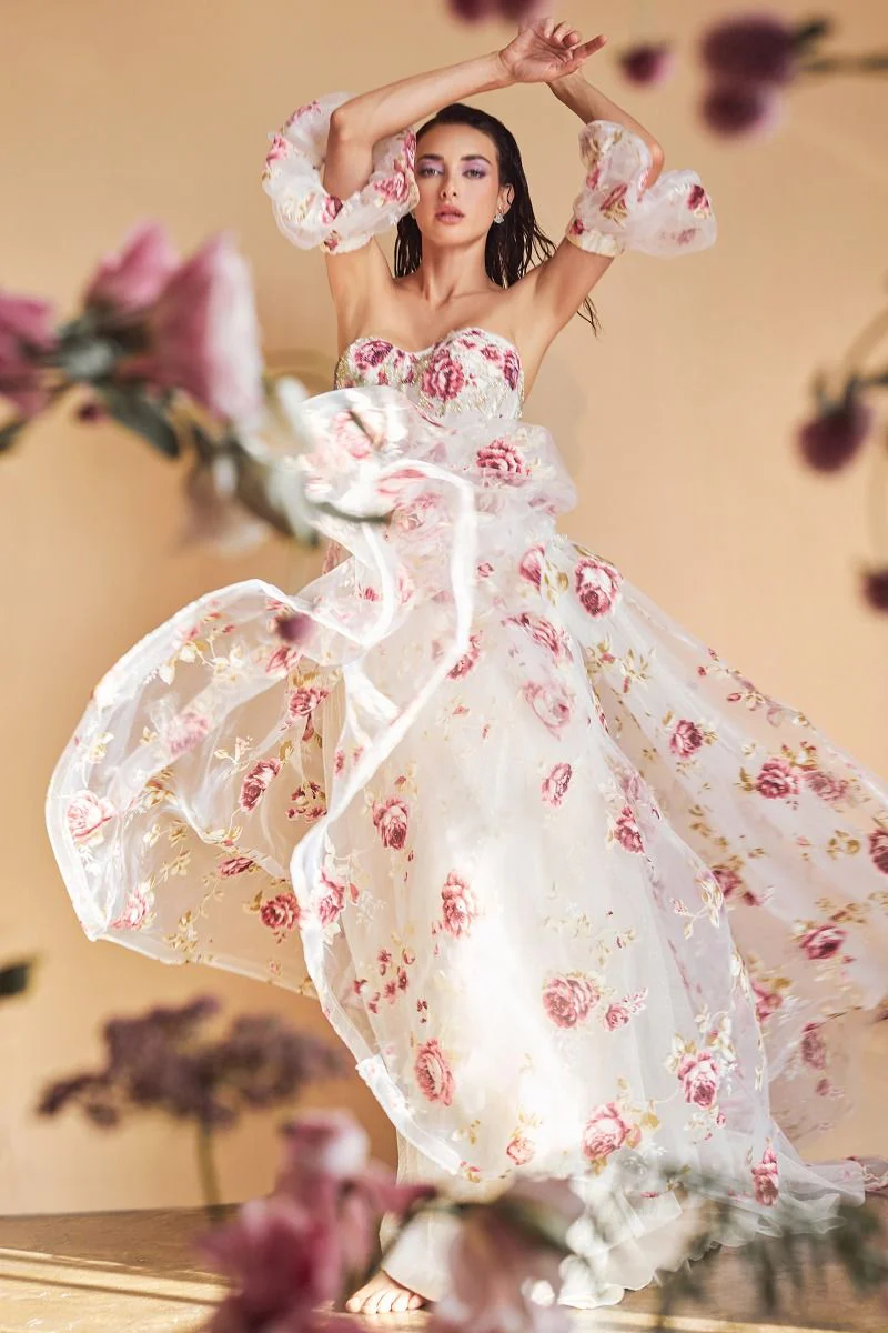 Andrea & Leo Couture A1133 Floral Print A Line Prom Dress Puff Sleeve Sheer Corset Formal Gown - Image 5
