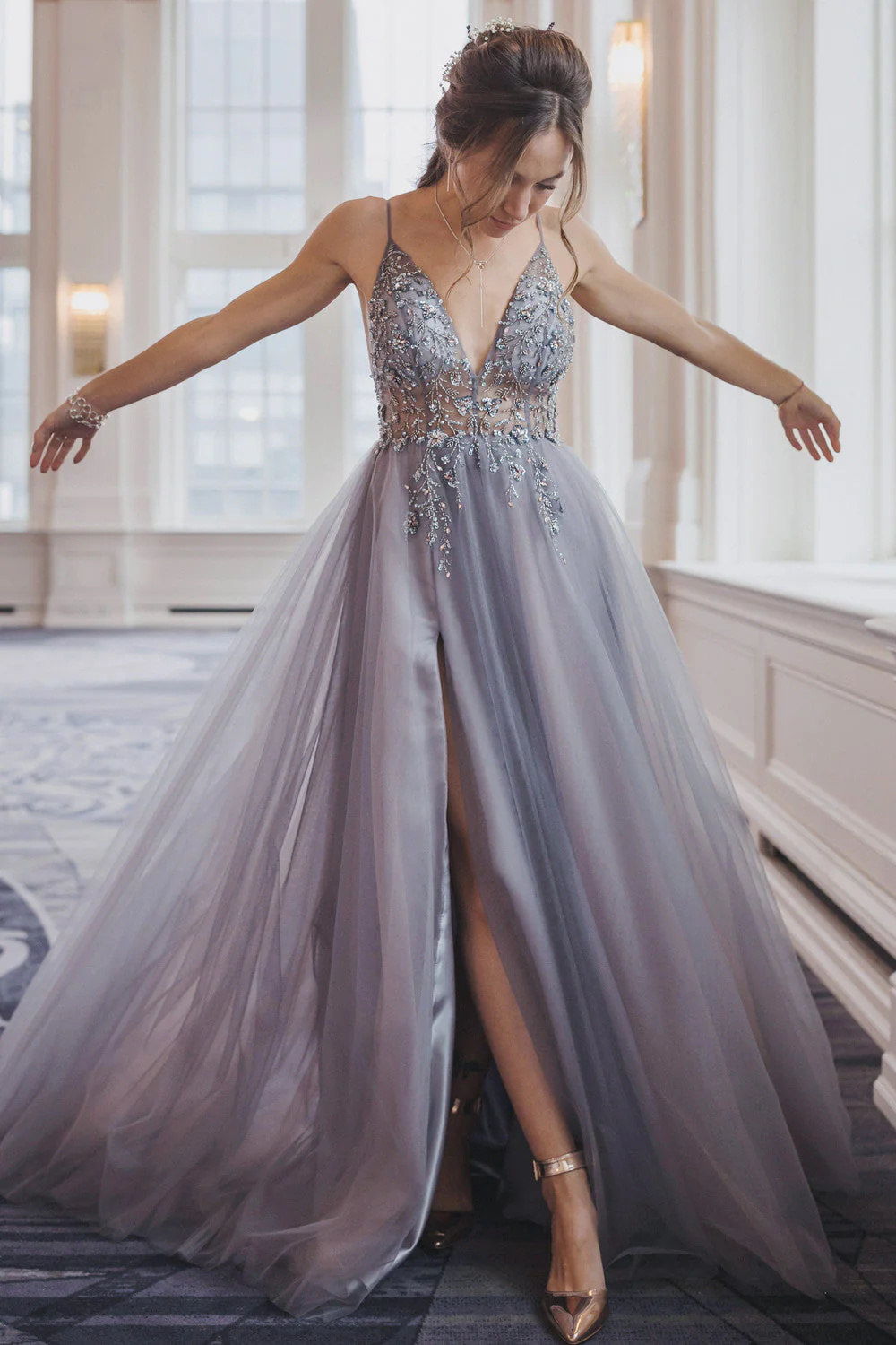 Andrea & Leo OPHELIA Dress A0672 Size 10 Long Shimmer Maxi Slit Sheer Formal Dress A Line Beaded - Image 4