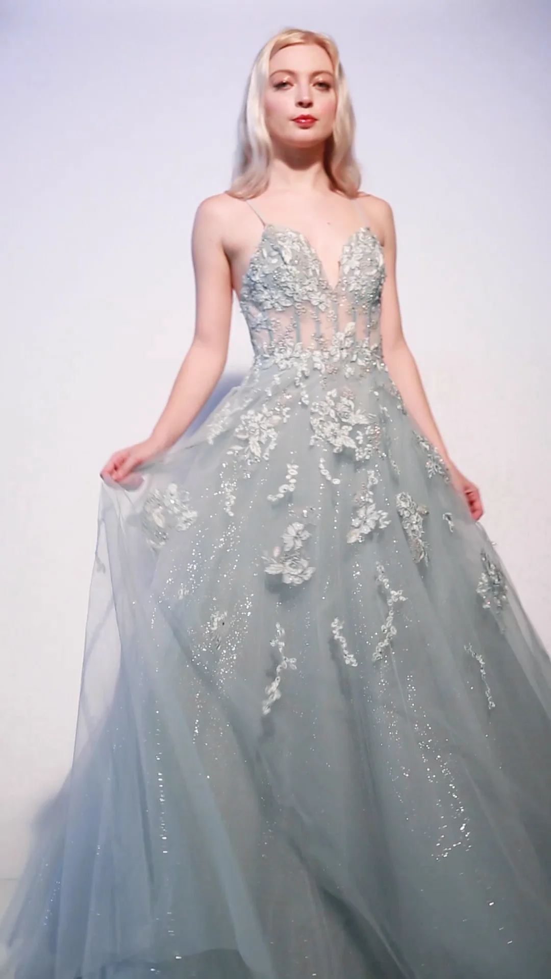 Andrea & Leo SOPHIA Dress A0892 Size 12 Sage A Line Shimmer Sheer Ballgown Formal Dress Floral Lace - Image 10