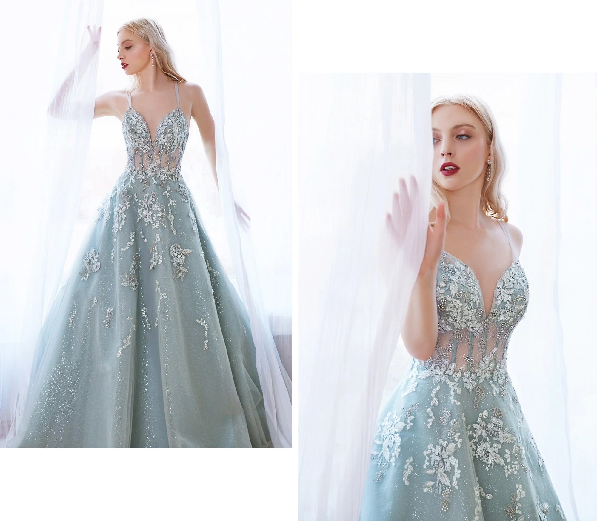Andrea & Leo SOPHIA Dress A0892 Size 12 Sage A Line Shimmer Sheer Ballgown Formal Dress Floral Lace - Image 7