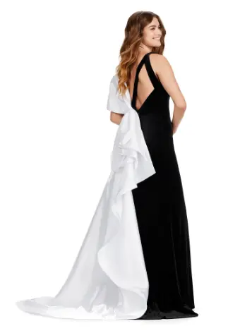 Ashley Lauren 11527 Long Prom Dress  Fitted V Neckline Satin Bow Side Skirt Open Back Formal Pageant Gown - Image 3