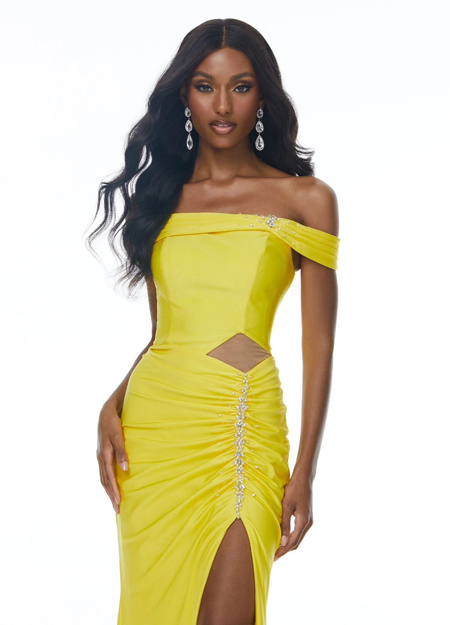 Ashley Lauren 11031 size 2 Yellow off the shoulder jersey prom dress pageant gown side slit - Image 3