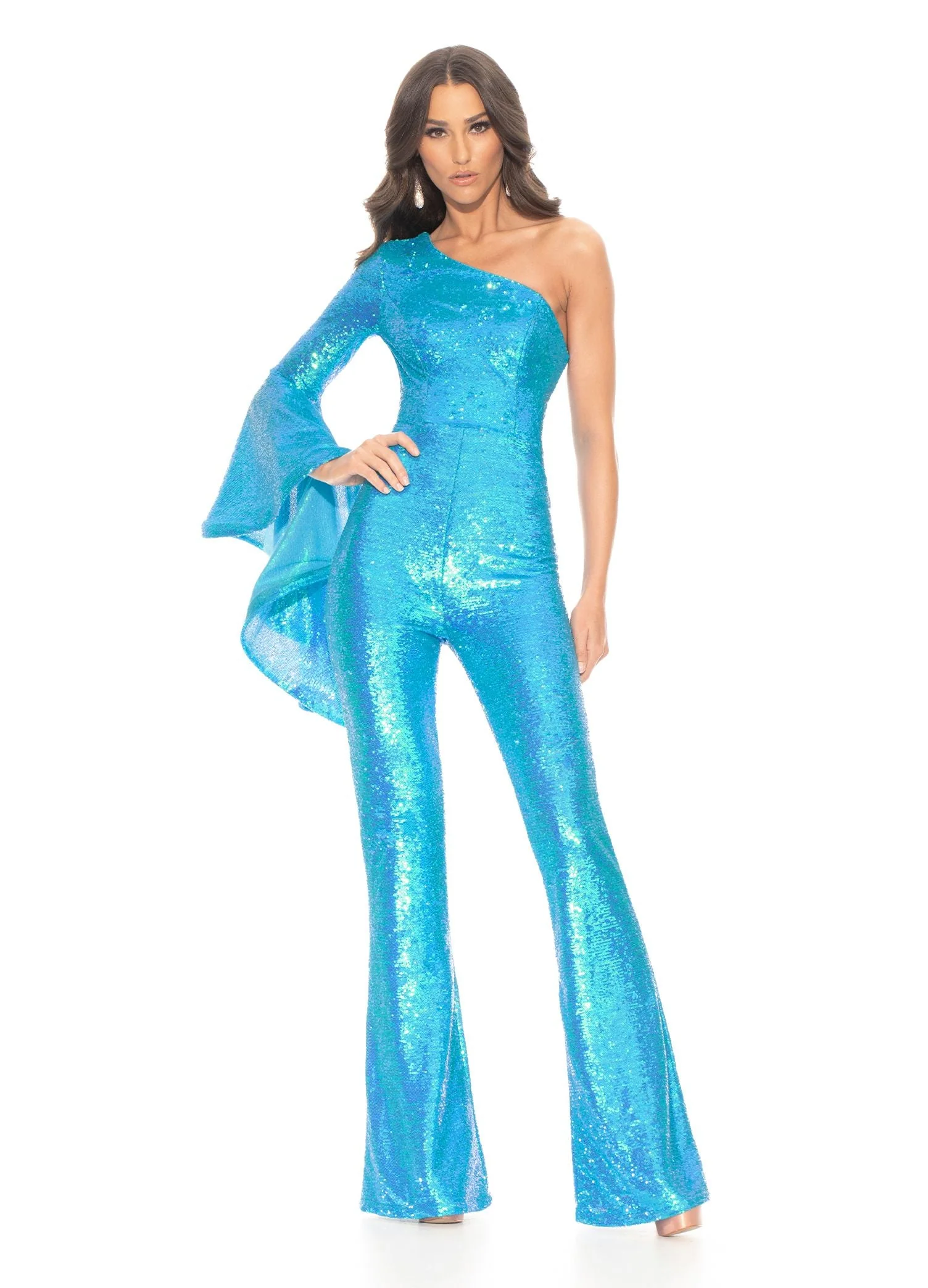 Ashley Lauren 11047 Size 6 Coral One Long Bell Sleeve Sequin Jumpsuit Pageant Wear - Image 8