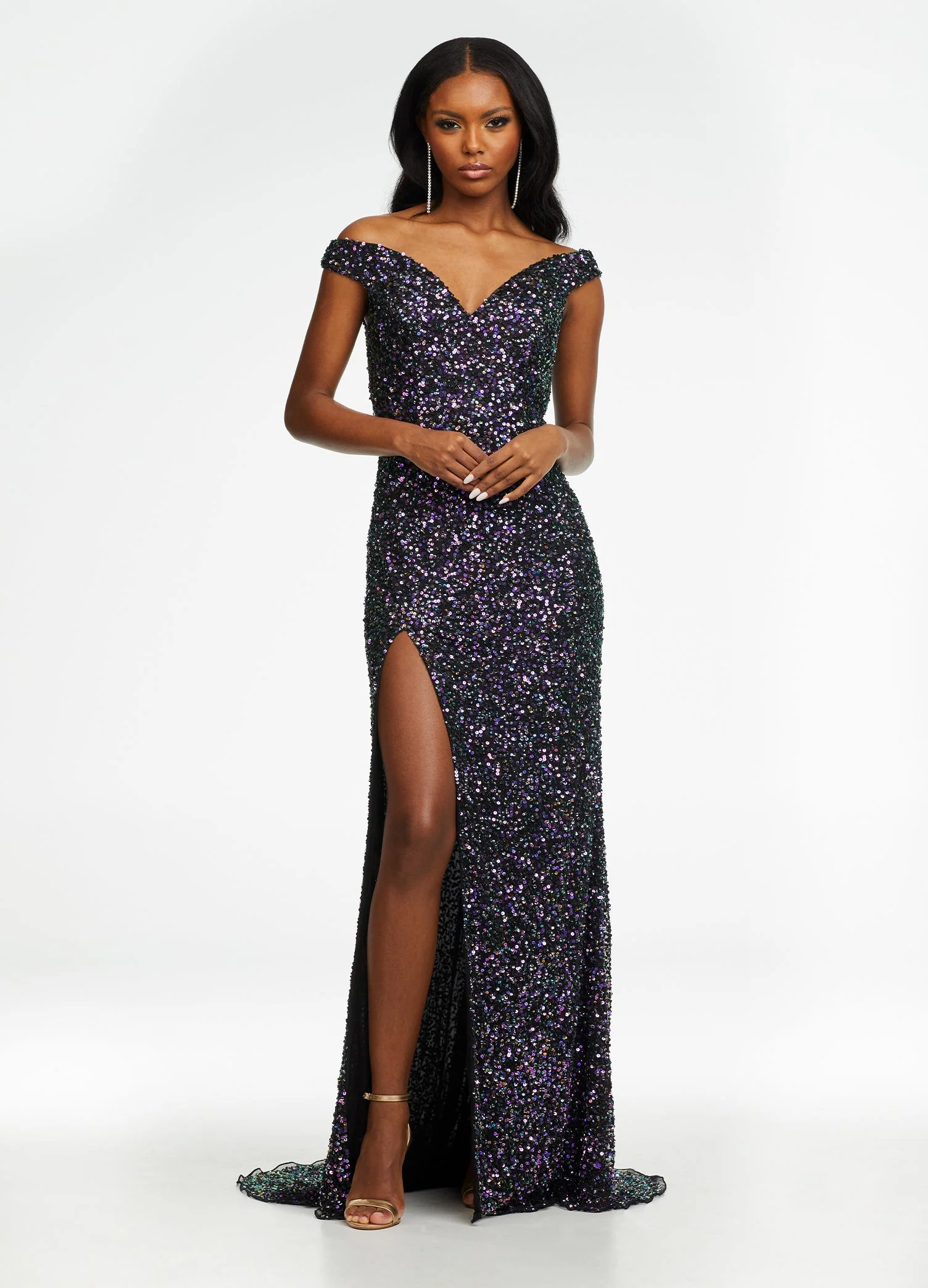 Ashley Lauren 11067 Size 22 Multi/Black Prom Dress Off the Shoulder Sequin Slit Gown