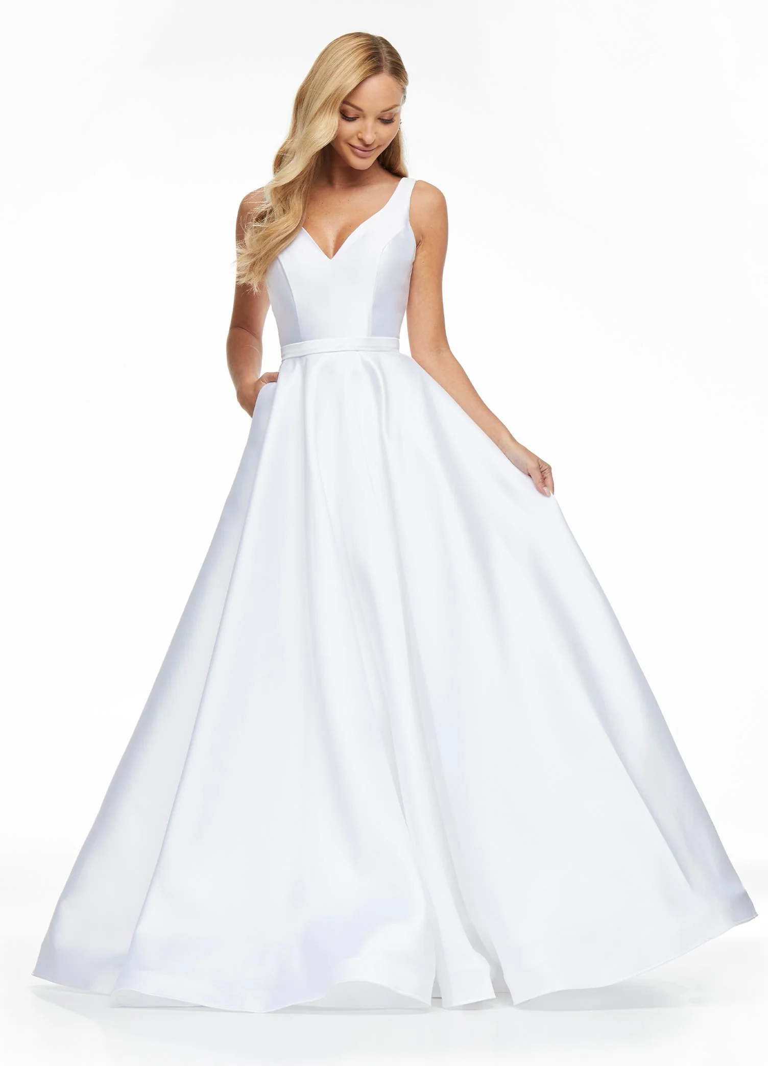 Ashley Lauren 11094 Size 12 White Prom Dress A line Mikado Satin V Neckline Wide Straps - Image 3