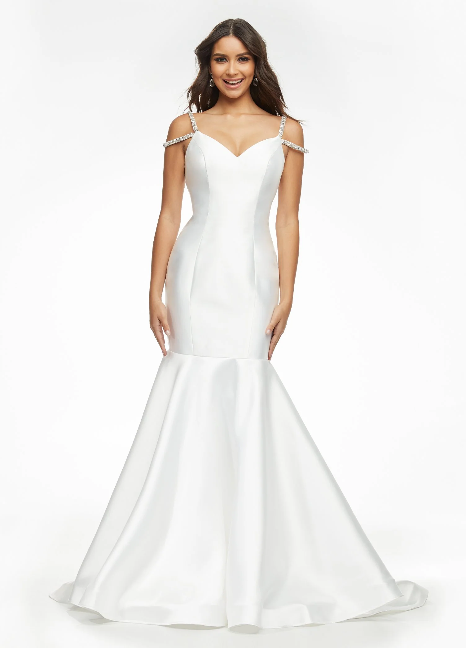 Ashley Lauren 11103 Size 10 Ivory Mermaid Prom Dress off the shoulder Embellished Straps Mikado - Image 2