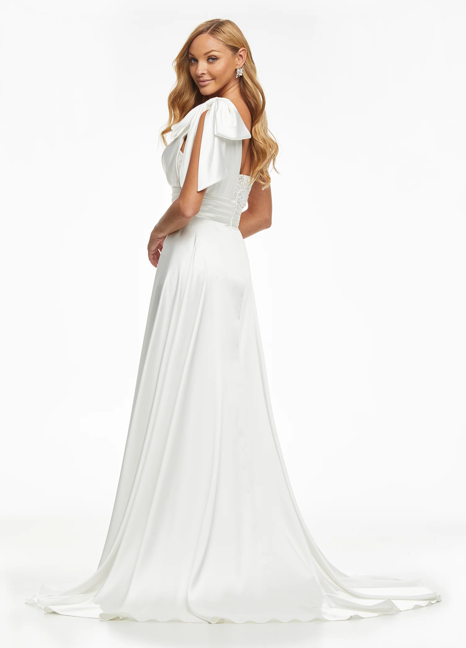 Ashley Lauren 11104 Size 4,8,12 Ivory Overskirt One Shoulder Bow Satin Long Overskirt Pageant Bridal Wedding - Image 4