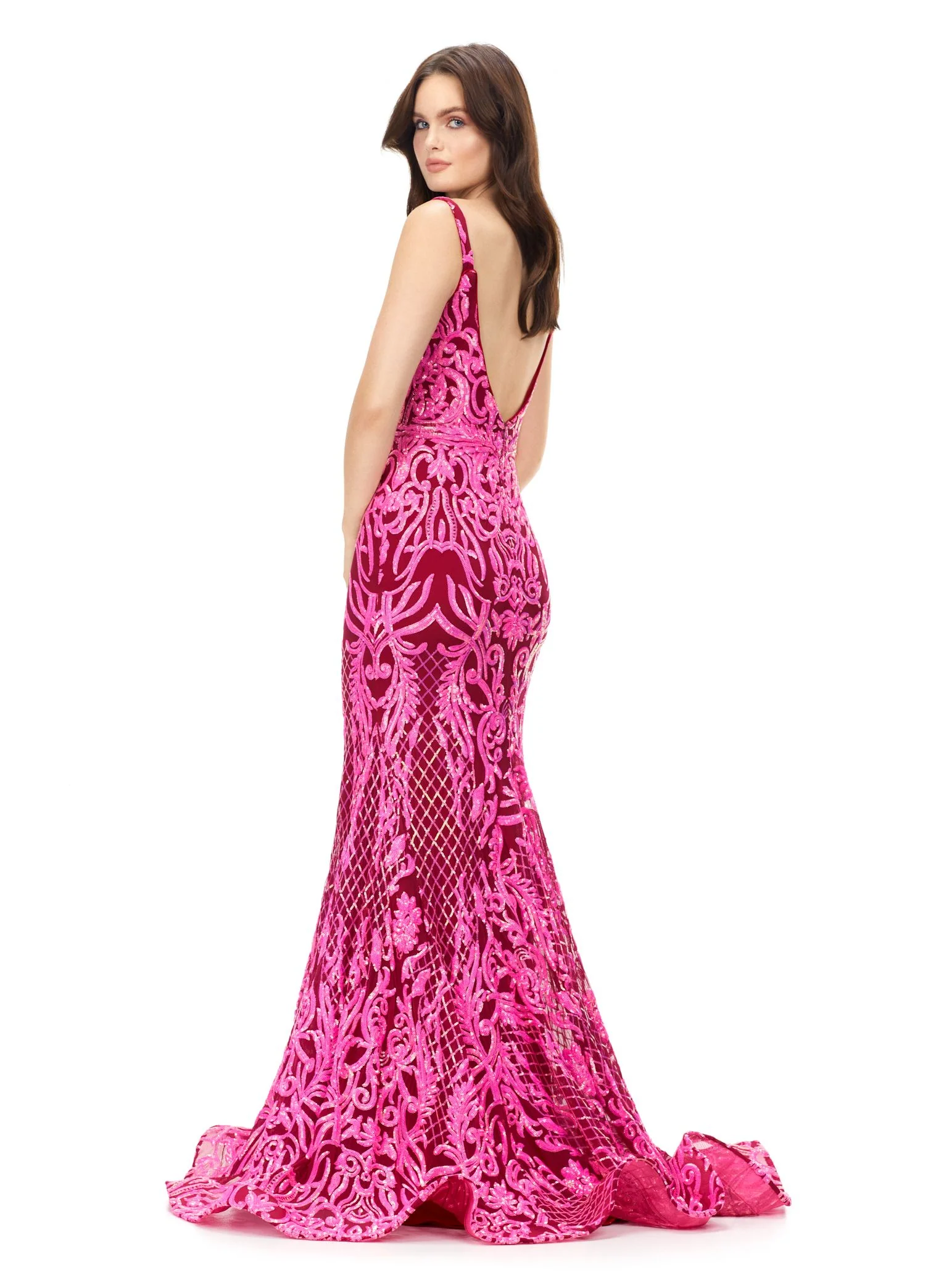 Ashley Lauren 11113 Size 18 Burgundy Prom Dress Long Fitted Sequin Formal Prom Pageant Gown V Neck - Image 3