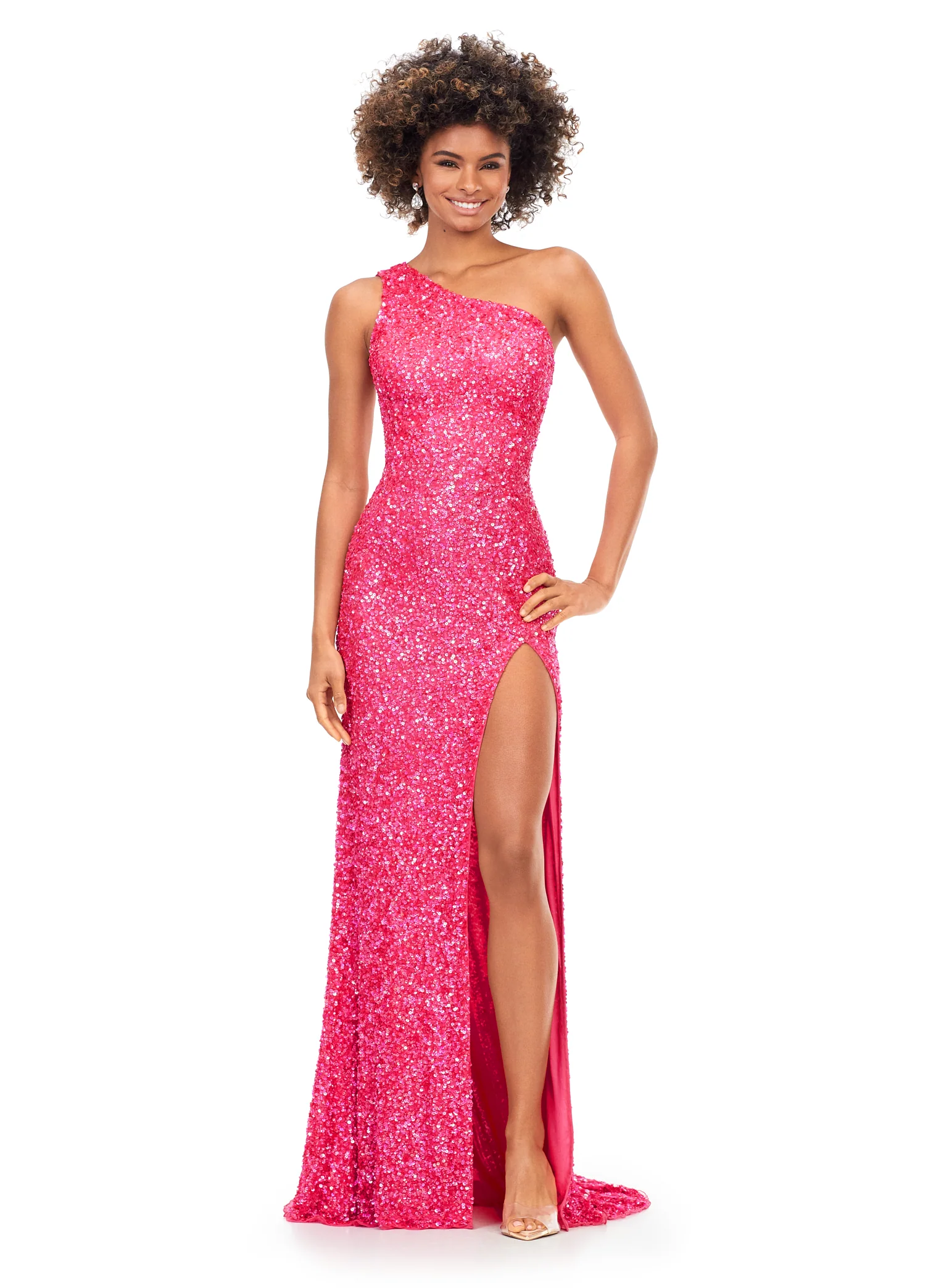 Ashley Lauren 11144 size 6 Electric Watermelon Prom Dress Sequin One Shoulder with Lace up Back
