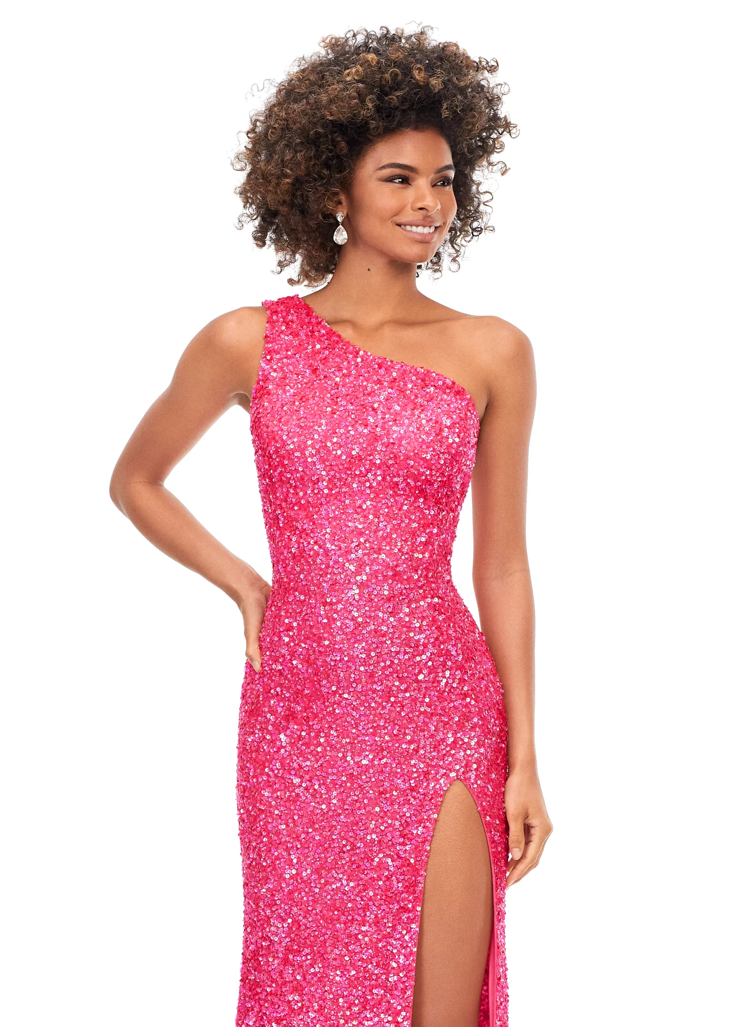 Ashley Lauren 11144 size 6 Electric Watermelon Prom Dress Sequin One Shoulder with Lace up Back - Image 2