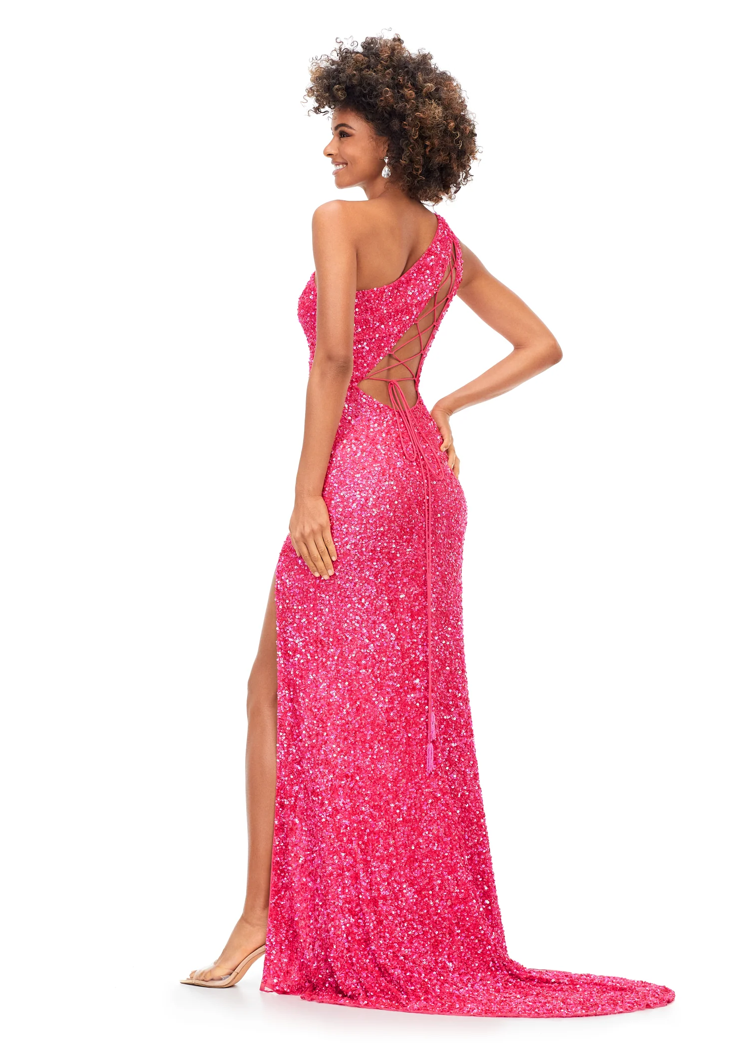 Ashley Lauren 11144 size 6 Electric Watermelon Prom Dress Sequin One Shoulder with Lace up Back - Image 3