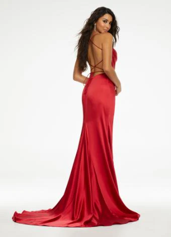 Ashley Lauren 11162 Long Prom Dress Spaghetti Strap Ruched Satin Gown Lace Up Back Formal Pageant - Image 9