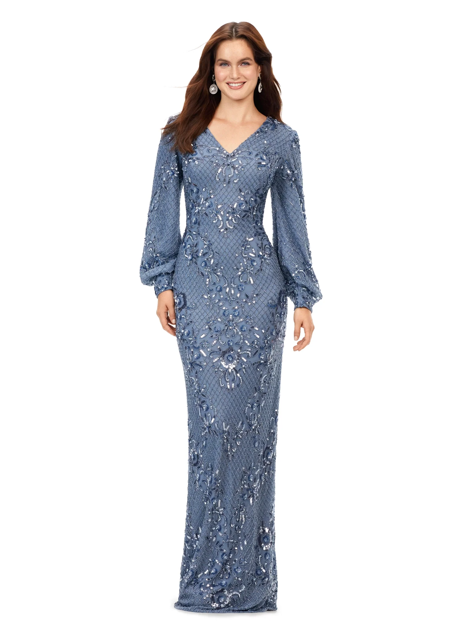 Ashley Lauren 11193 Long Evening Gown Beaded V-Neck Dress With Bishop Sleeves Fully Sequin Formal Dress