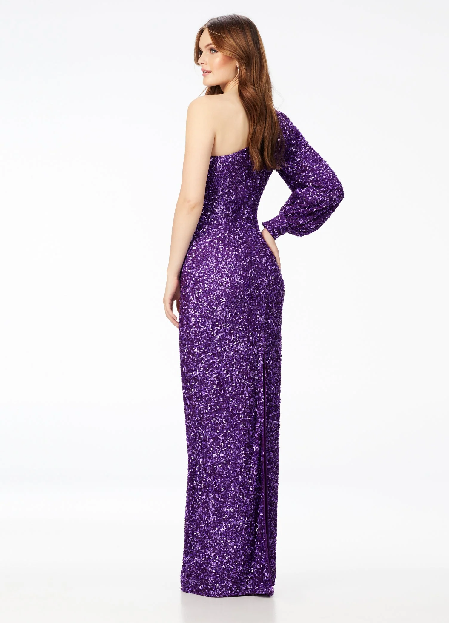 Ashley Lauren 11194 Size 2 Purple One Shoulder Prom Dress Long Sleeve Sequins Back Slit - Image 3