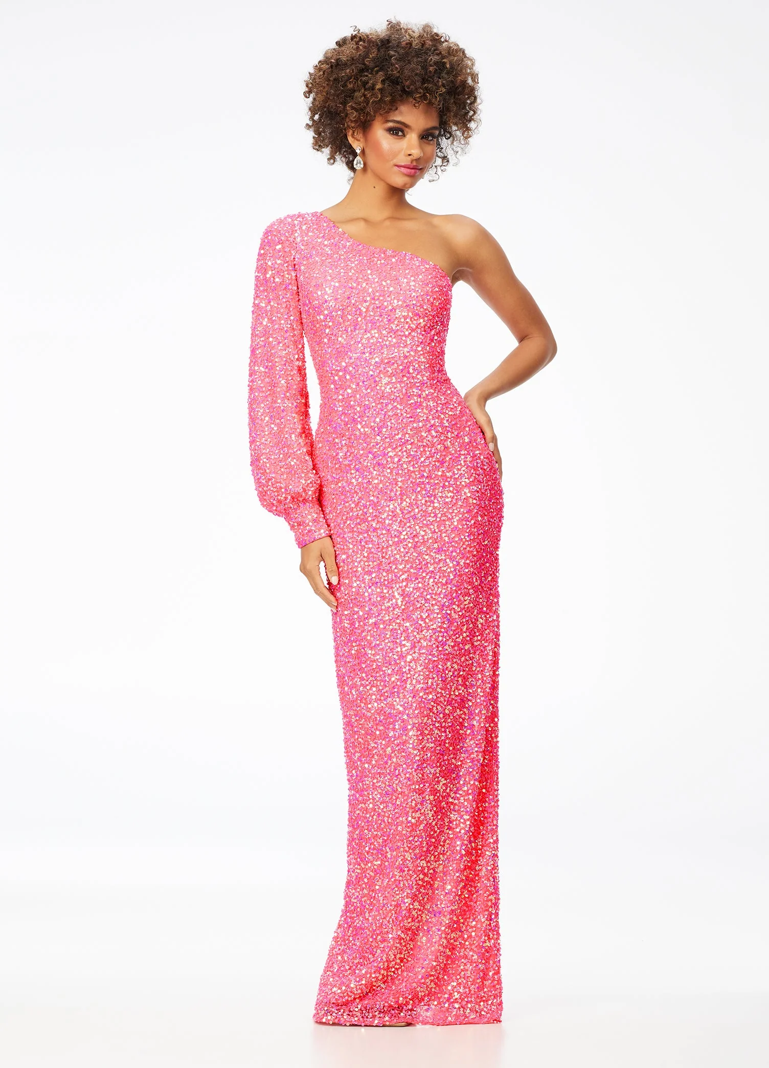Ashley Lauren 11194 Size 2 Purple One Shoulder Prom Dress Long Sleeve Sequins Back Slit - Image 4