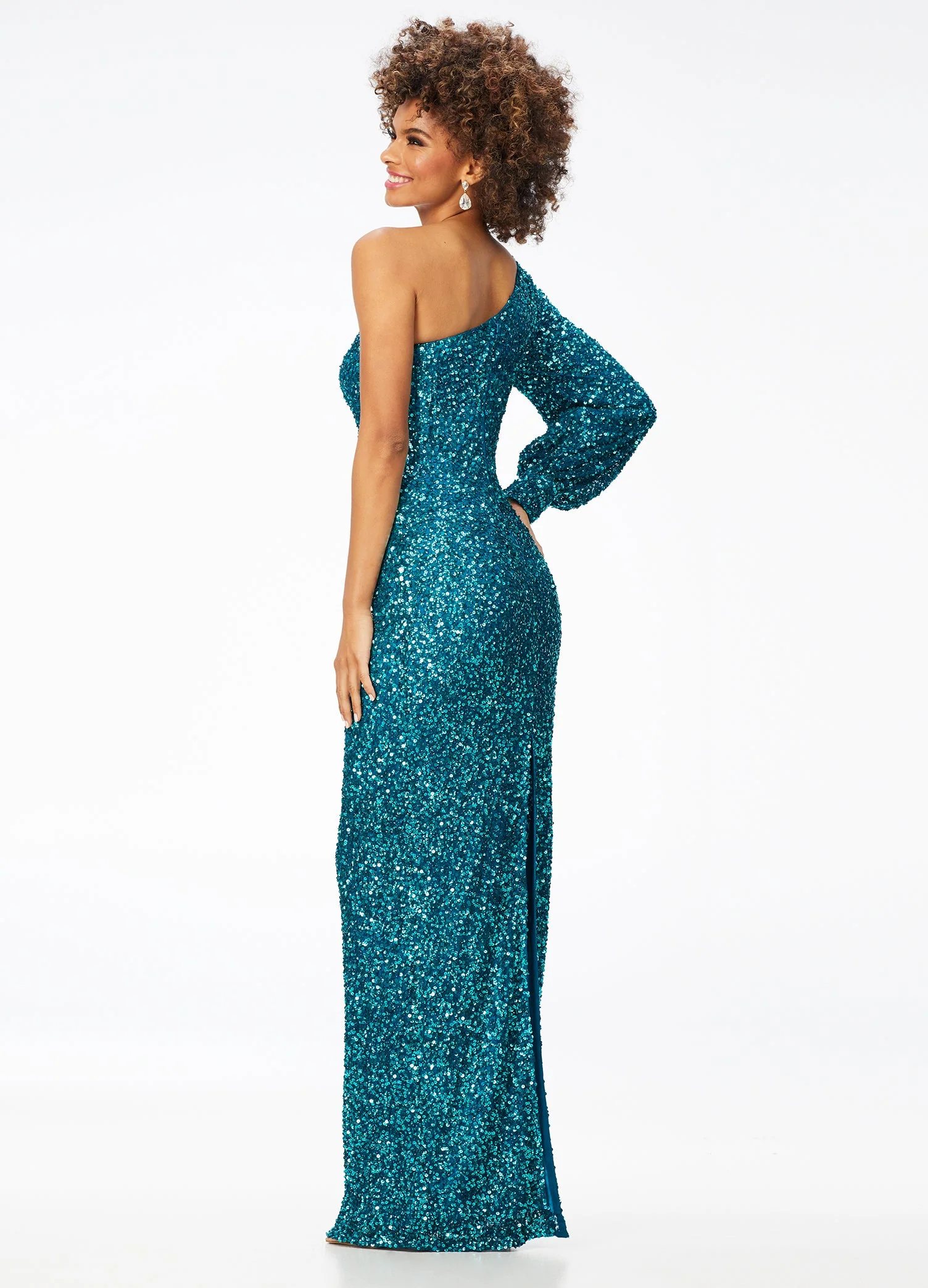 Ashley Lauren 11194 Size 2 Purple One Shoulder Prom Dress Long Sleeve Sequins Back Slit - Image 8