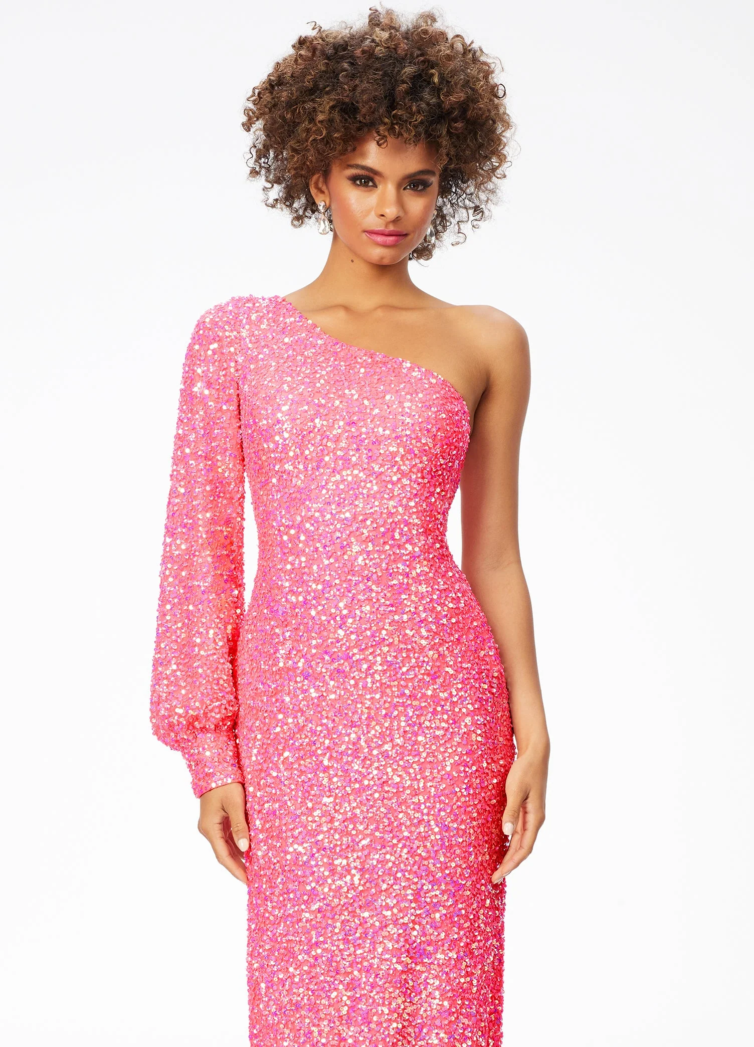 Ashley Lauren 11194 Size 4 Neon Pink One Shoulder Prom Dress Long Sleeve Sequins Back Slit - Image 2
