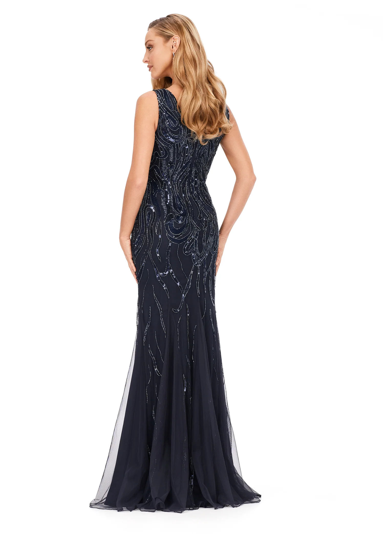 Ashley Lauren 11204 Long Prom V-Neck Sequin V-Back Hand Beaded Sheer Long Evening Dress Formal Pageant - Image 6