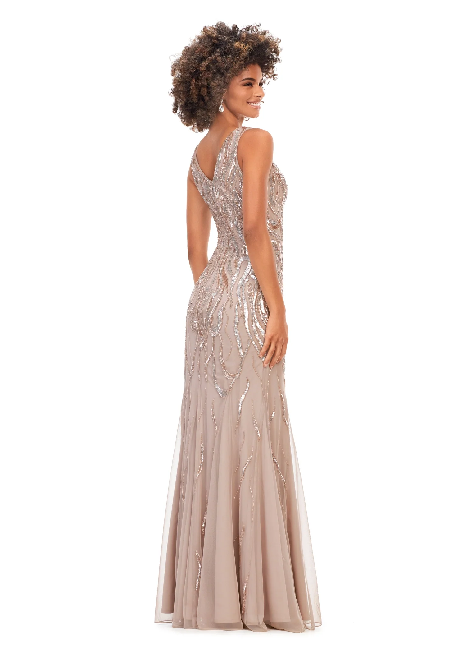 Ashley Lauren 11204 Long Prom V-Neck Sequin V-Back Hand Beaded Sheer Long Evening Dress Formal Pageant - Image 9