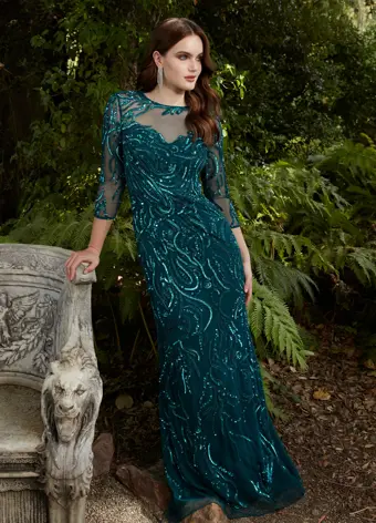Ashley Lauren 11208 Long Prom Three Quarter Sleeve Beaded Crew Neckline High Illusion Back Fully Hand Beaded Evening Gown - Image 7
