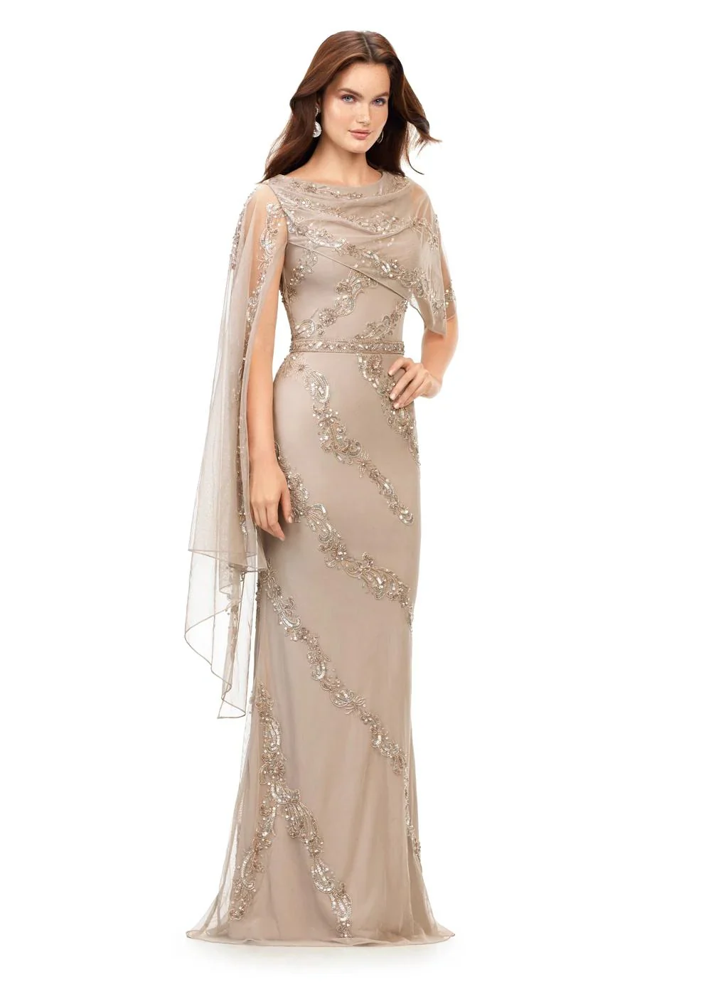 Ashley Lauren 11213 Long Evening Gown Asymmetric Detachable Overlay High Back Fully Hand Beaded Crew Neckline Evening Dress - Image 17