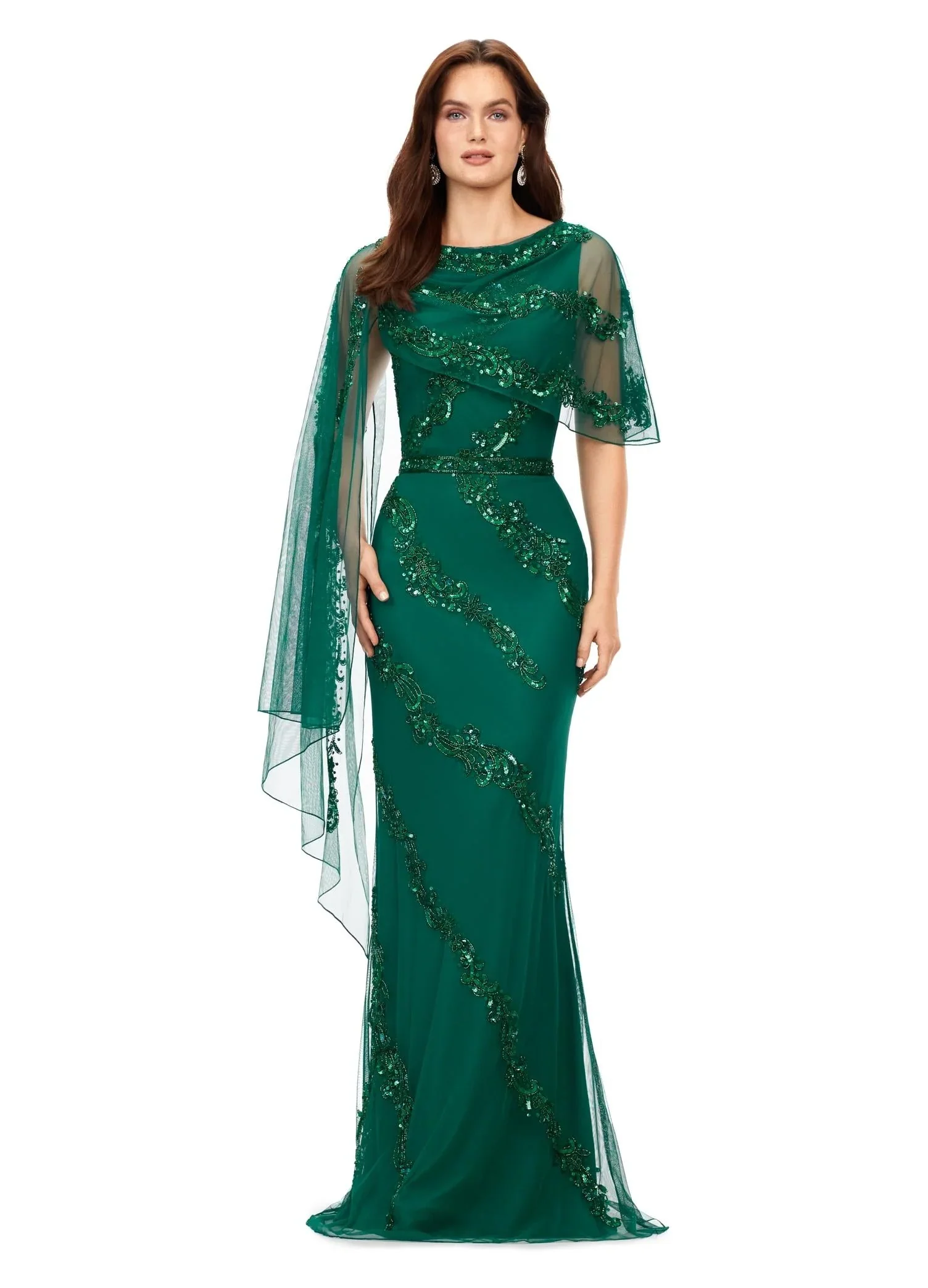 Ashley Lauren 11213 Long Evening Gown Asymmetric Detachable Overlay High Back Fully Hand Beaded Crew Neckline Evening Dress - Image 2