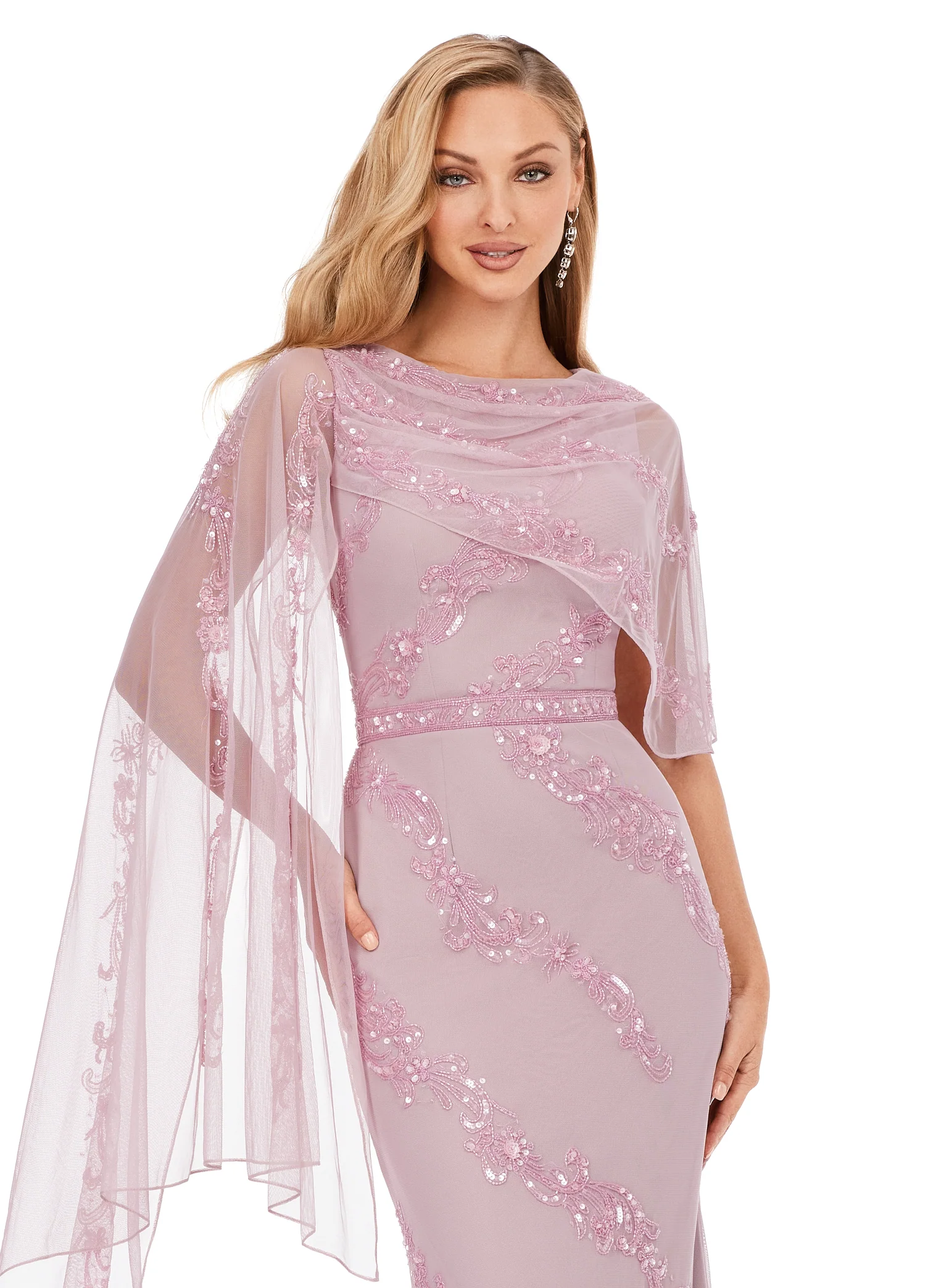 Ashley Lauren 11213 Long Evening Gown Asymmetric Detachable Overlay High Back Fully Hand Beaded Crew Neckline Evening Dress - Image 7